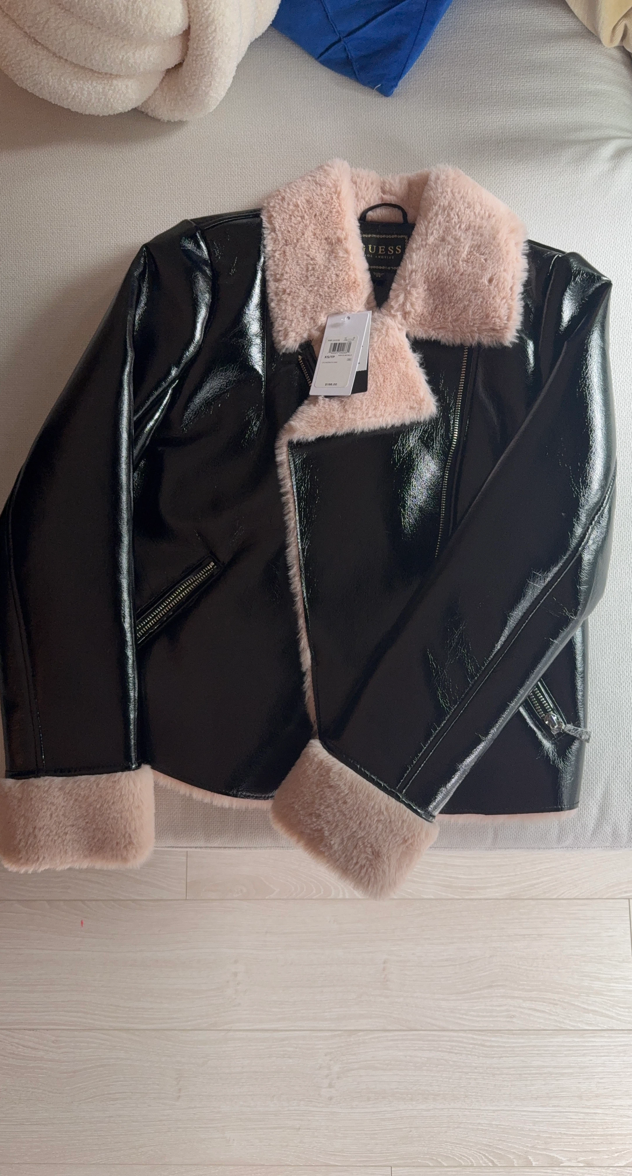 GUESS Black Faux Leather Aviator Jacket with Pink Faux Fur Trim
