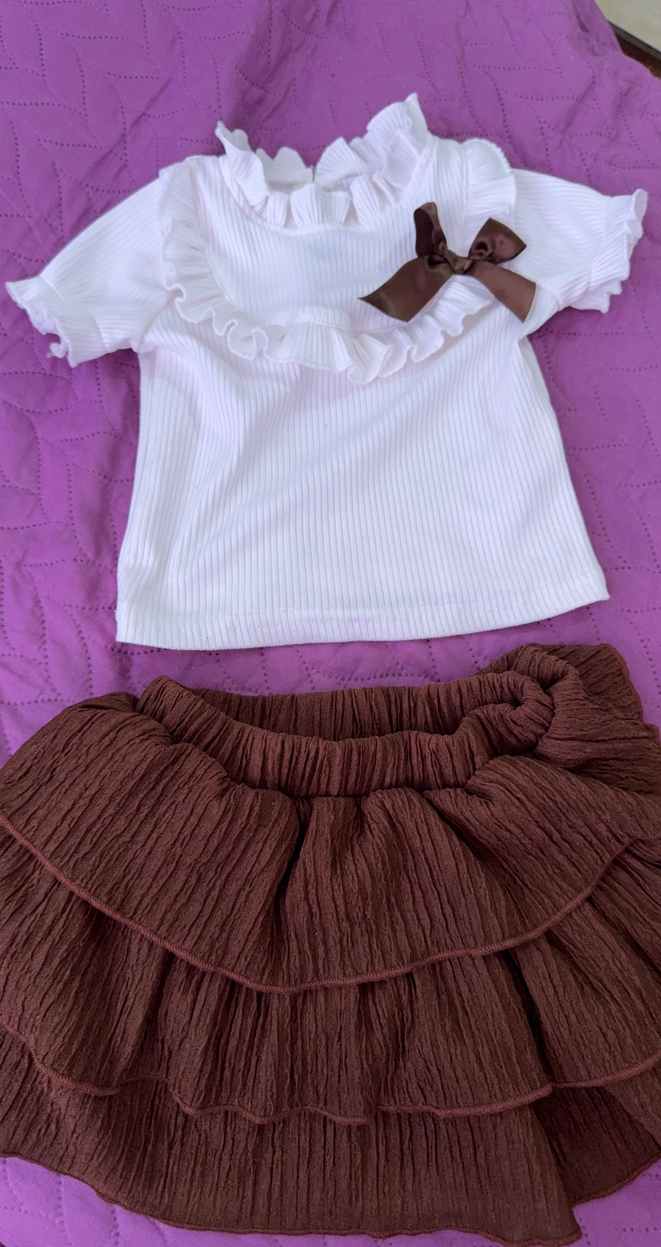 White Ruffled Top and Brown Skirt Set