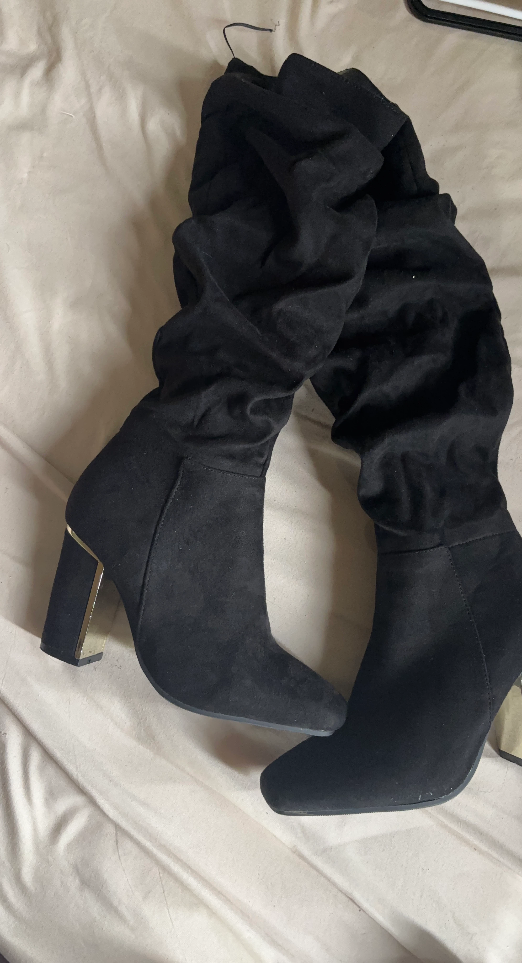 Black Suede Over-the-Knee Boots with Gold Accent Heels
