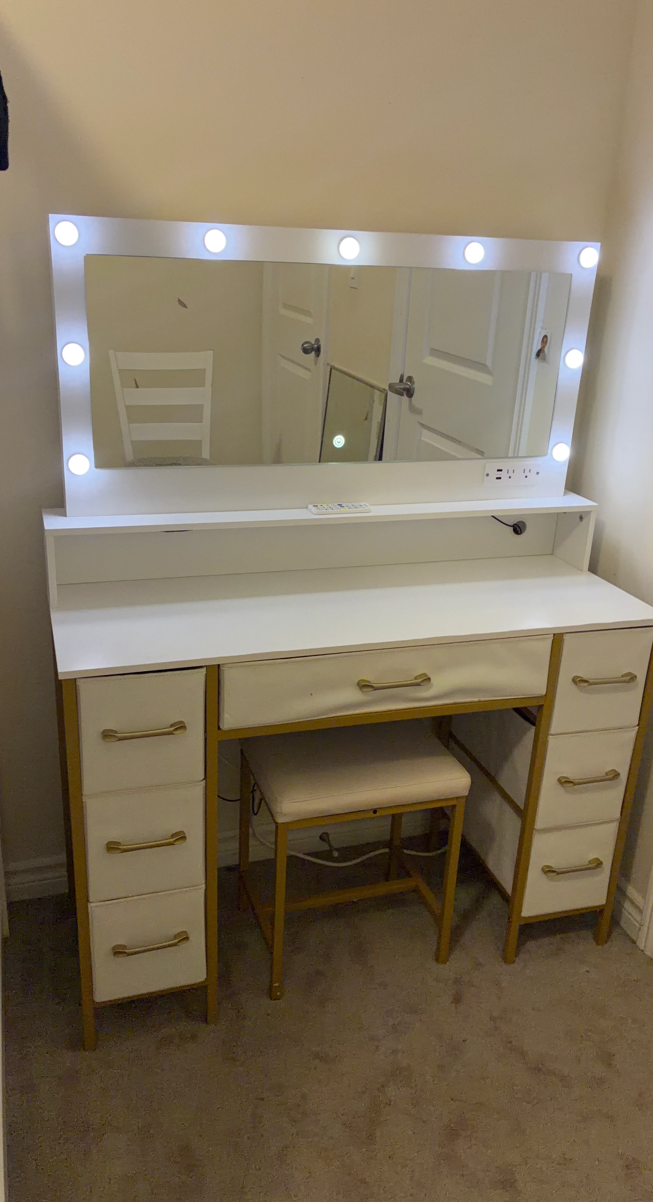 Vanity Desk with Light-Up Mirror and Stool