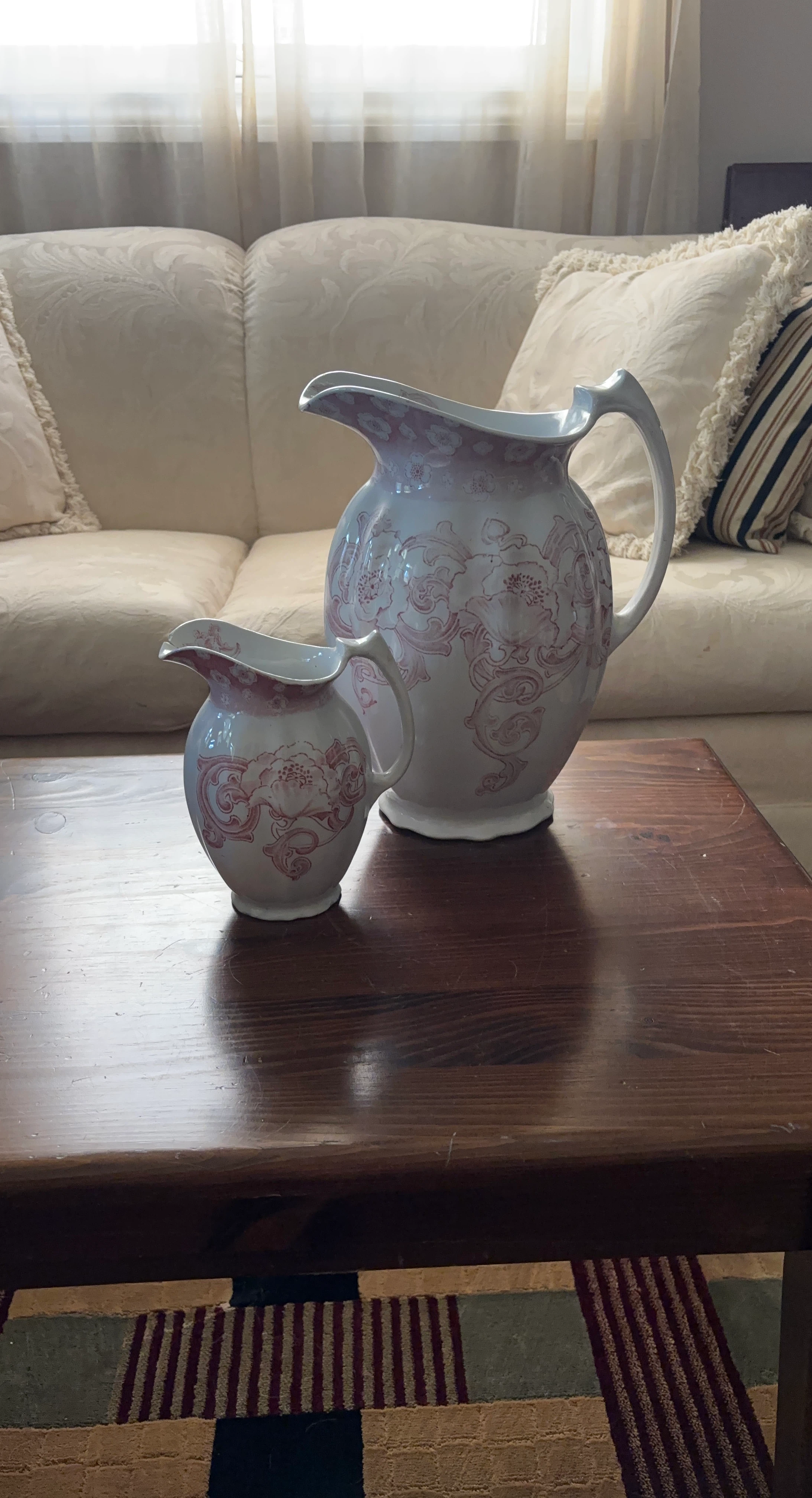 Set of 2 White Ceramic Pitchers with Pink Floral Design