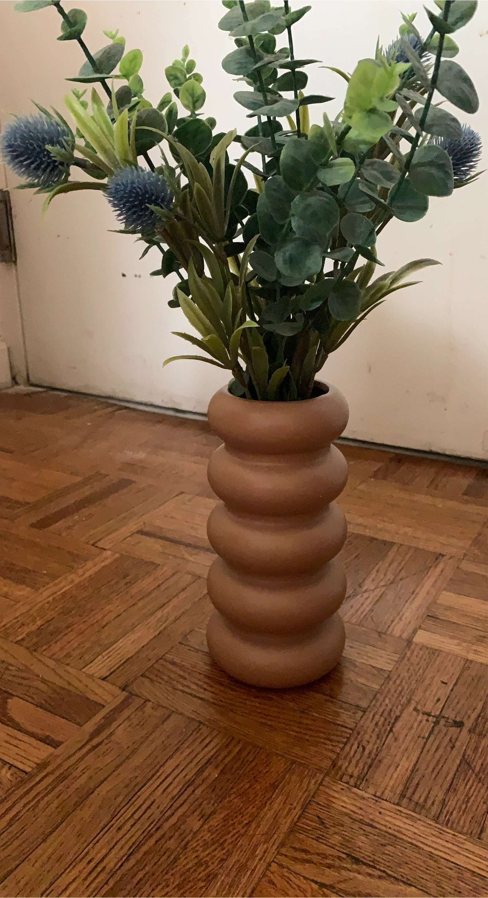 Faux Eucalyptus and Thistle Arrangement in Ceramic Vase