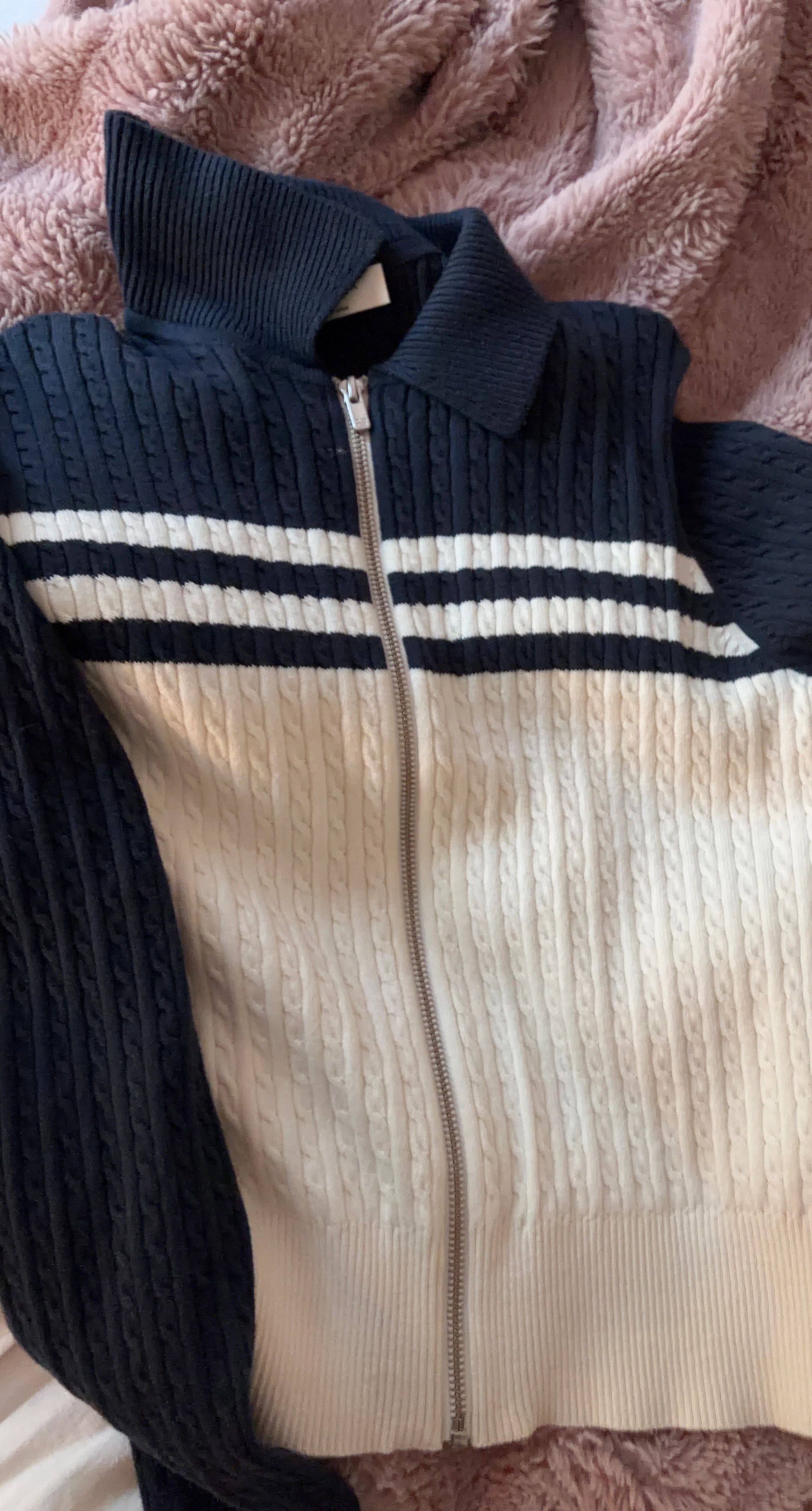 Navy and Cream Cable Knit Zip-Up Sweater