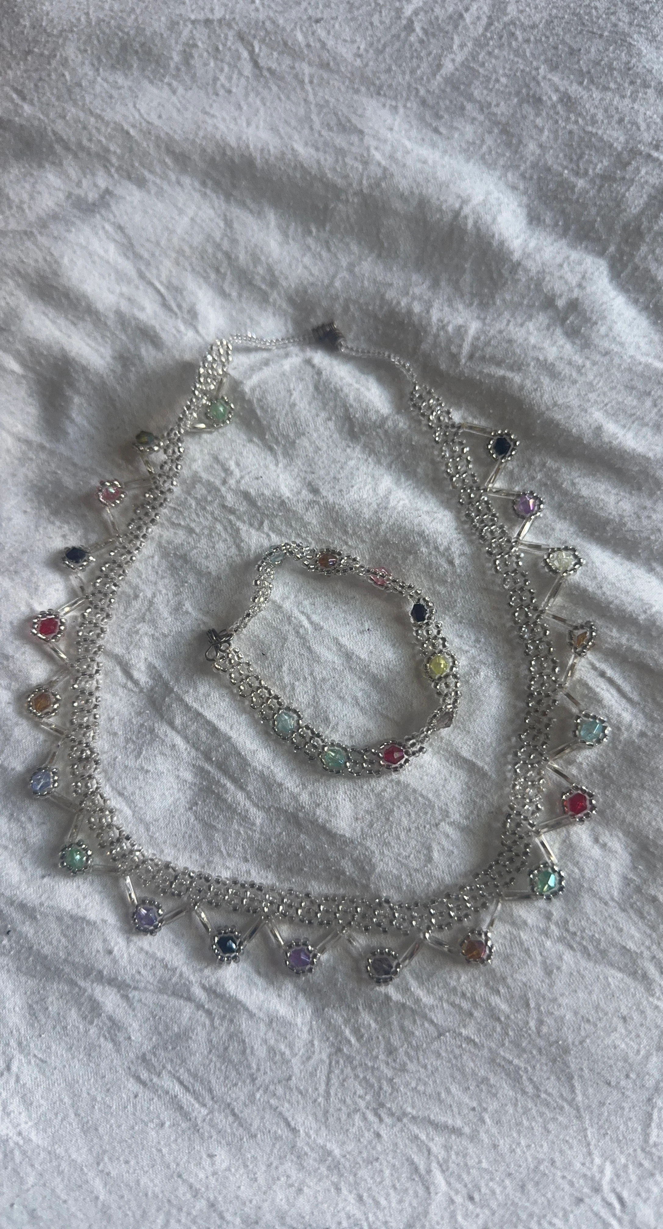 Beaded Necklace and Bracelet Set with Colorful Gems