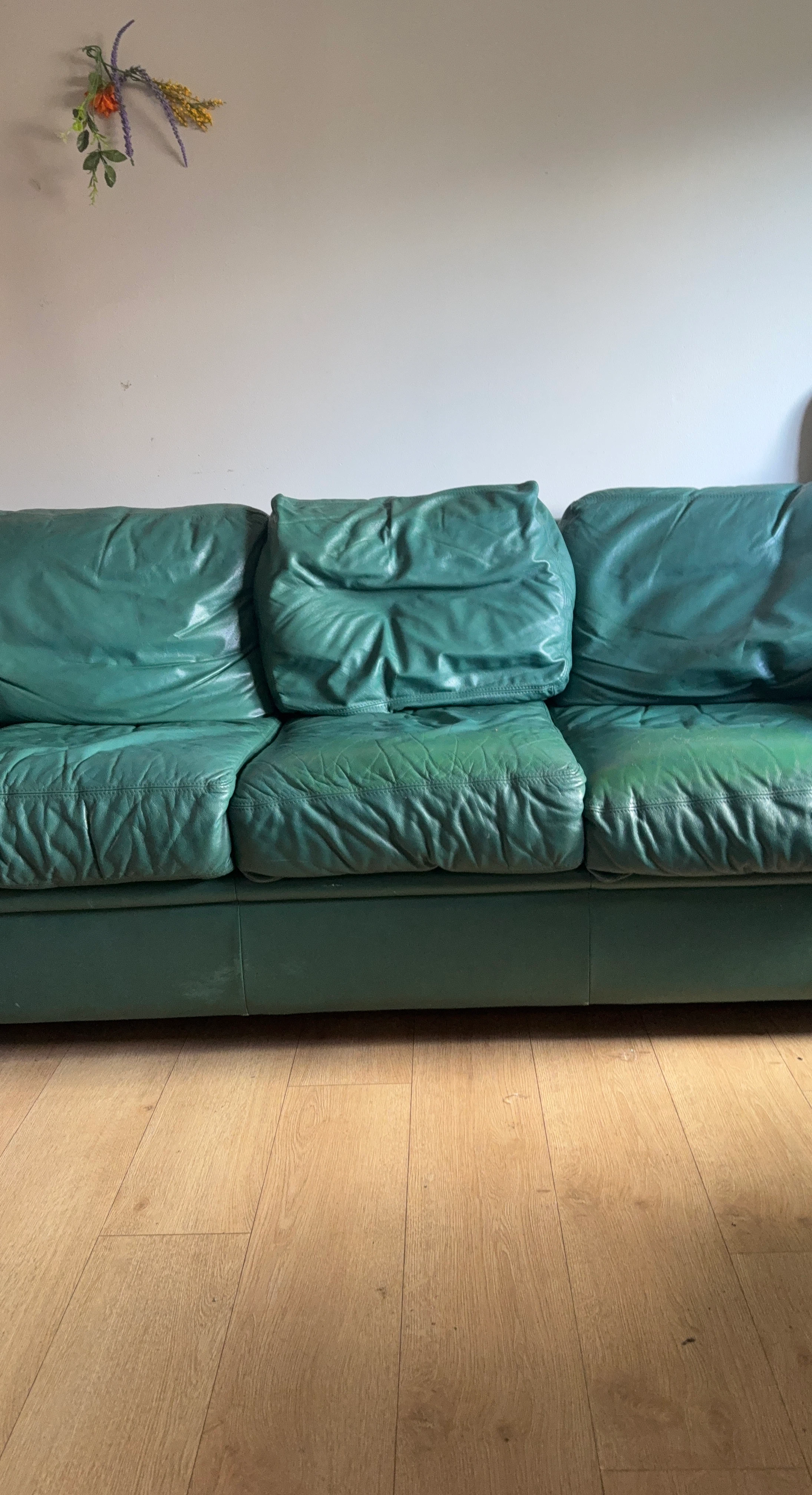 Green Leather Three-Seater Sofa