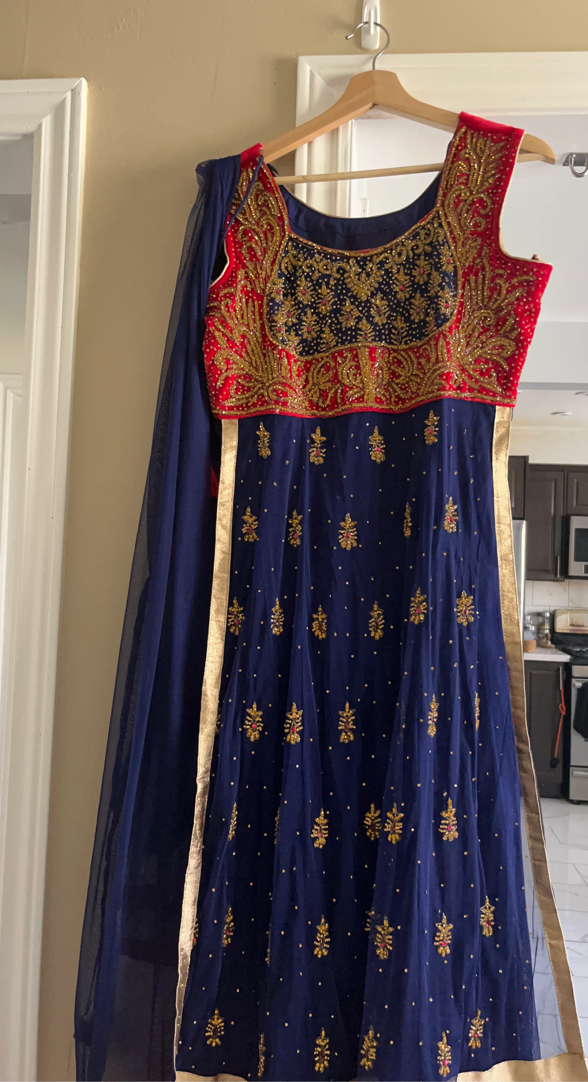 Embroidered Blue and Red Anarkali Dress
