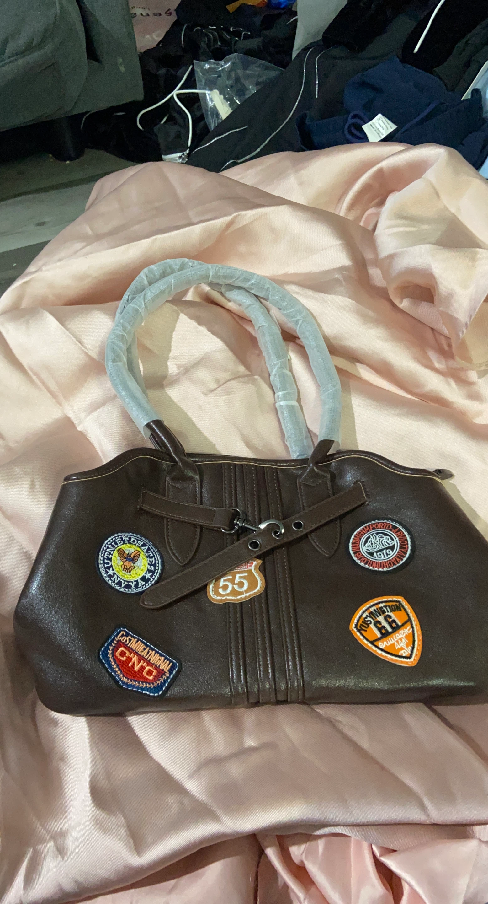 Brown Tote Bag with Patches
