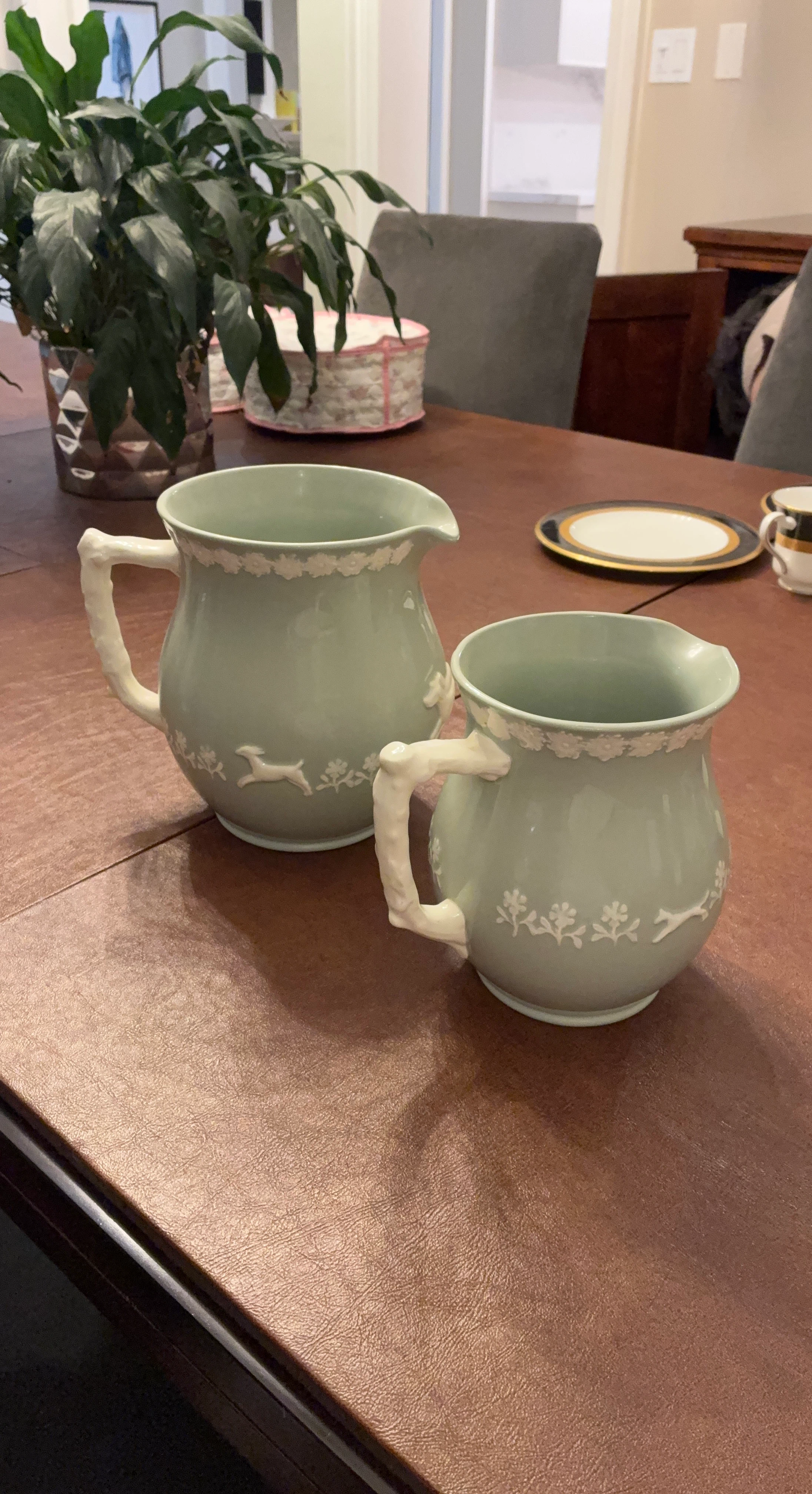 Two Vintage Copeland Spode Green Jasperware Pitchers