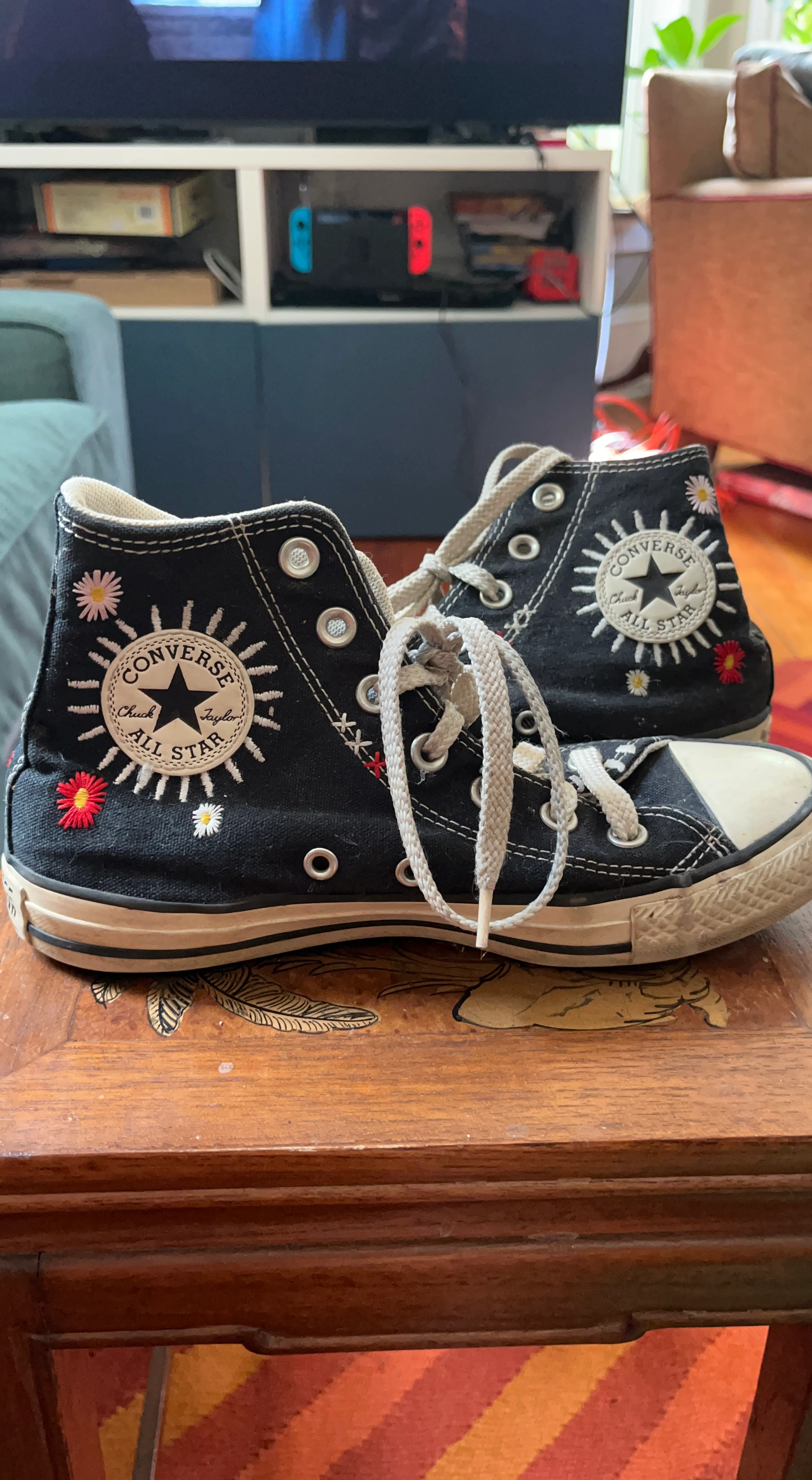 Kids Converse High Top Sneakers - Black Floral Embroidery