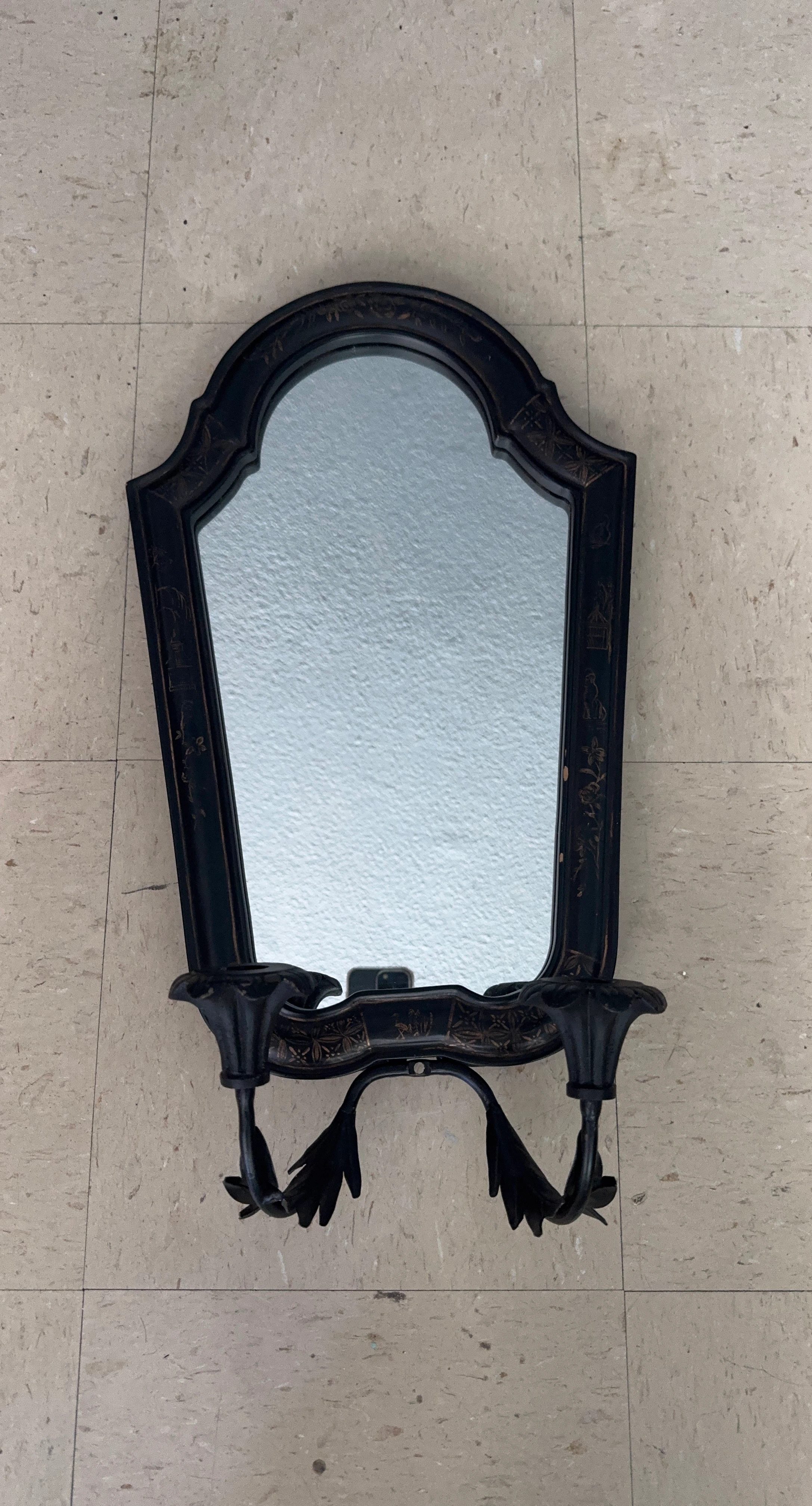 Vintage Black Wall Mirror with Candle Holders