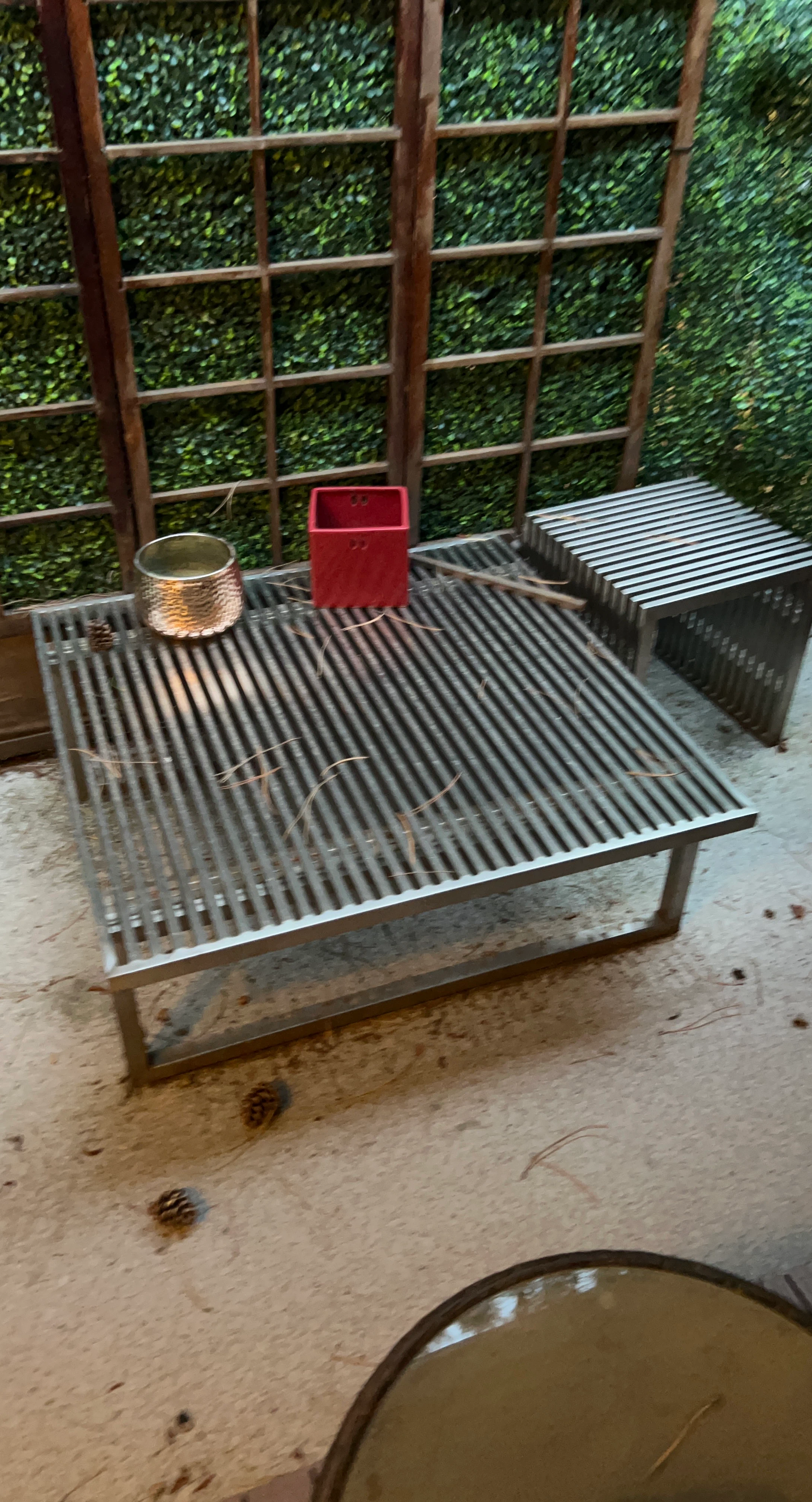 Stainless steel Heavy Metal Table and 2 Stools . I