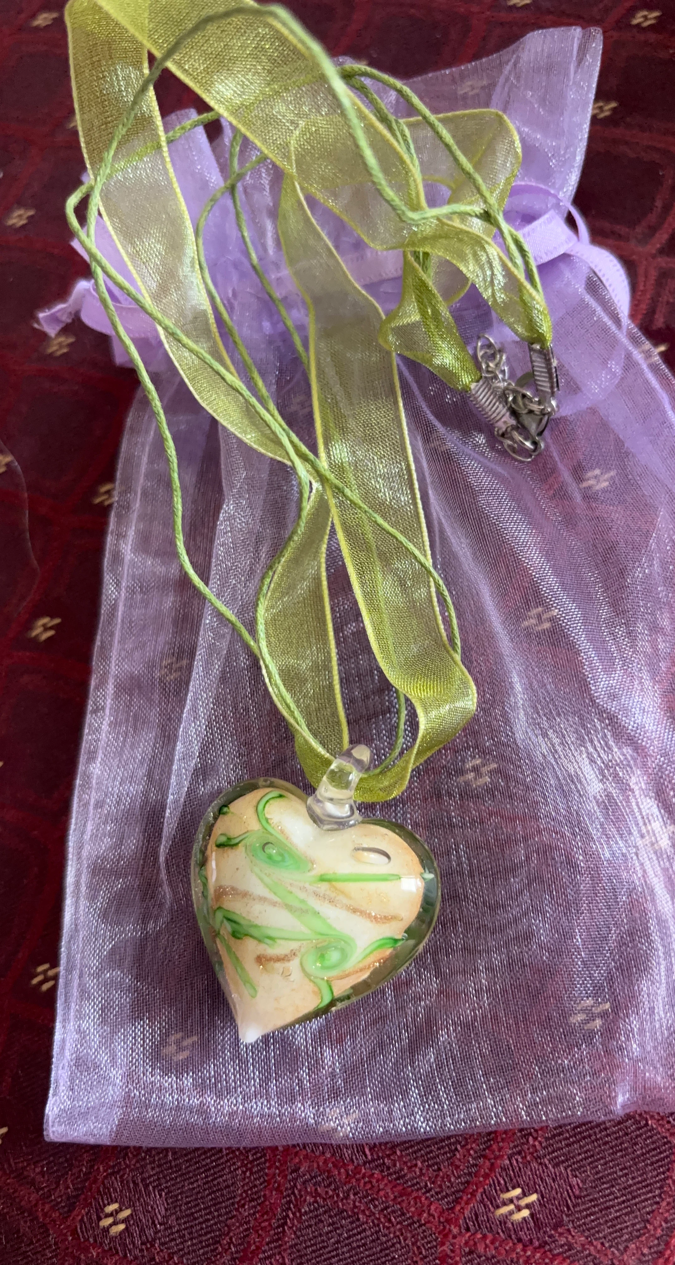 Glass Heart Pendant with Ribbon Necklace
