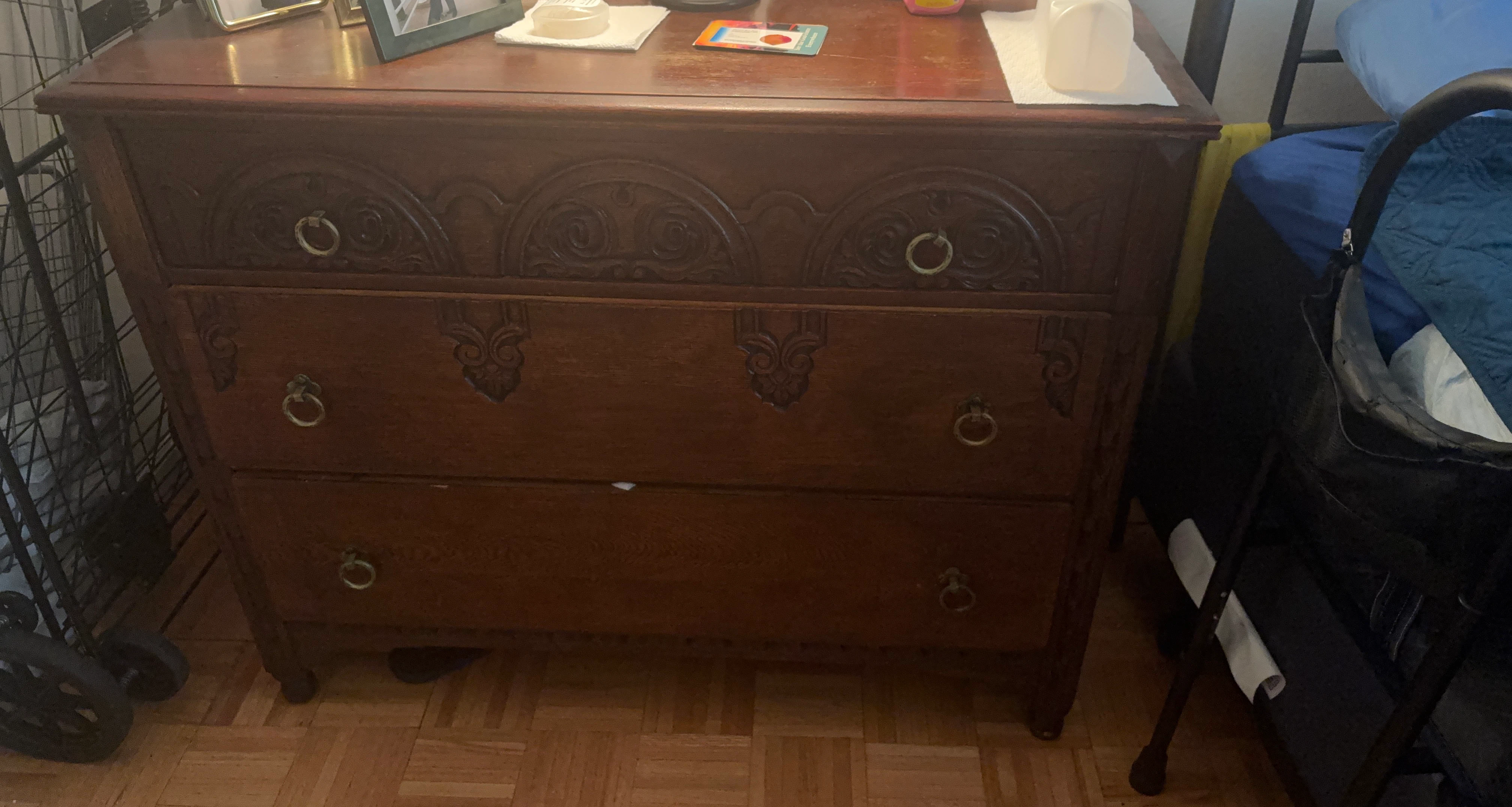 Vintage Dark Wood Three-Drawer Dresser
