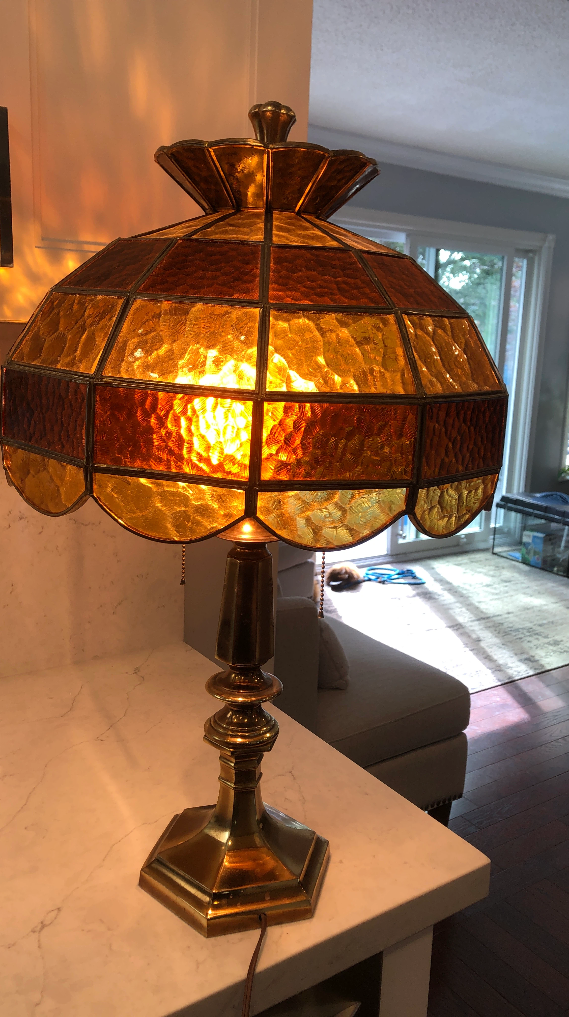 Vintage Brass and Amber Stained Glass Table Lamp