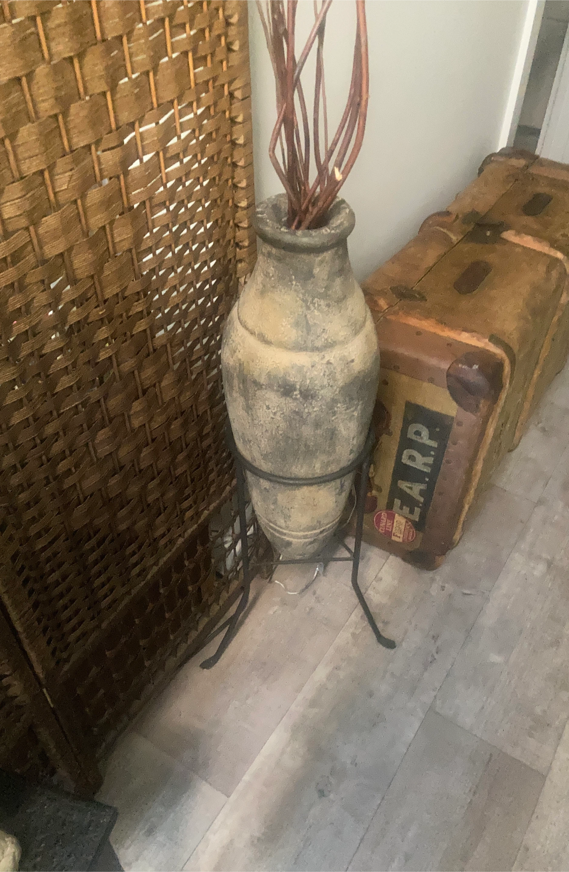 Rustic Decorative Vase with Metal Stand
