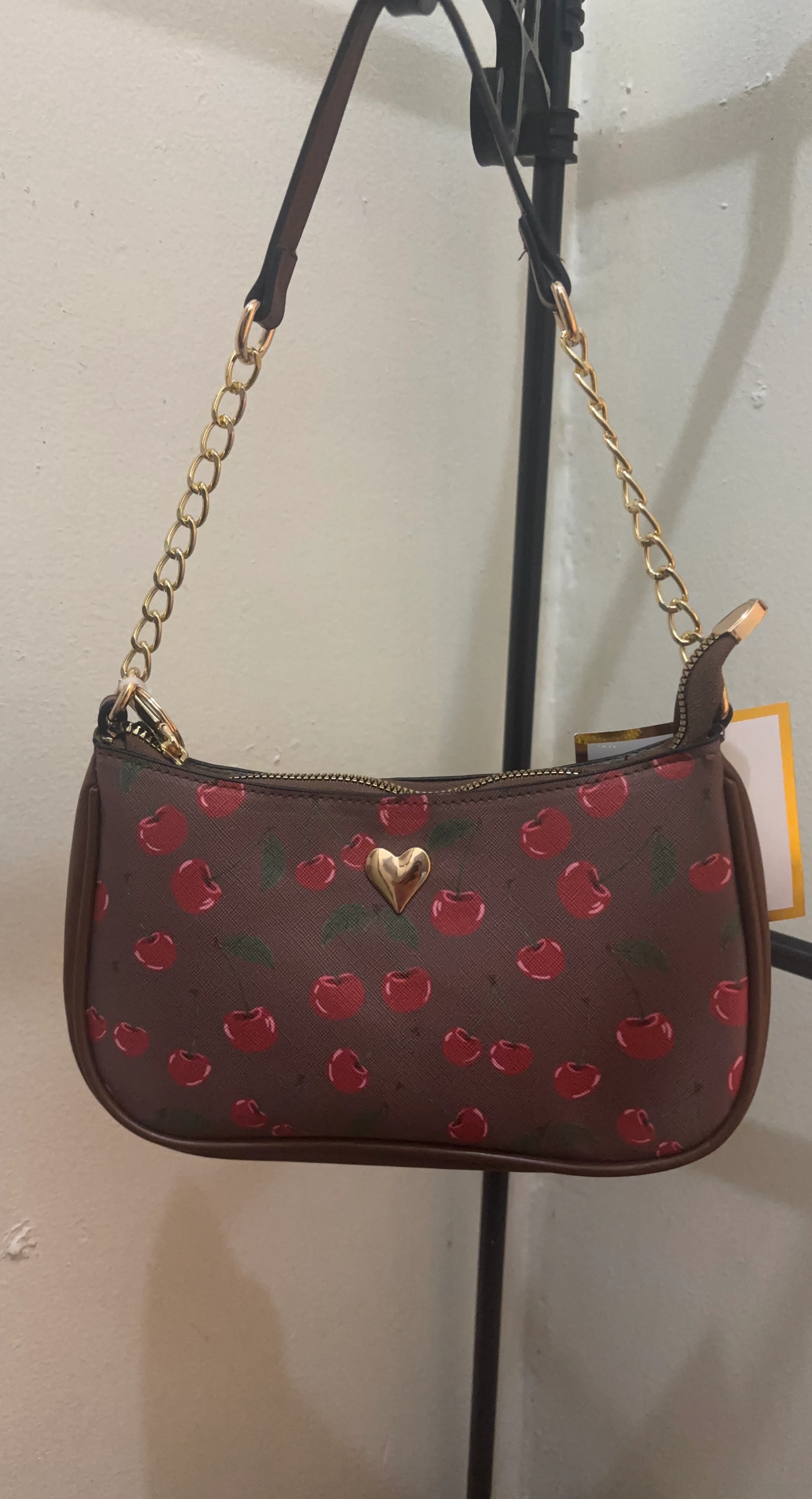 Cherry Print Shoulder Bag with Gold Chain