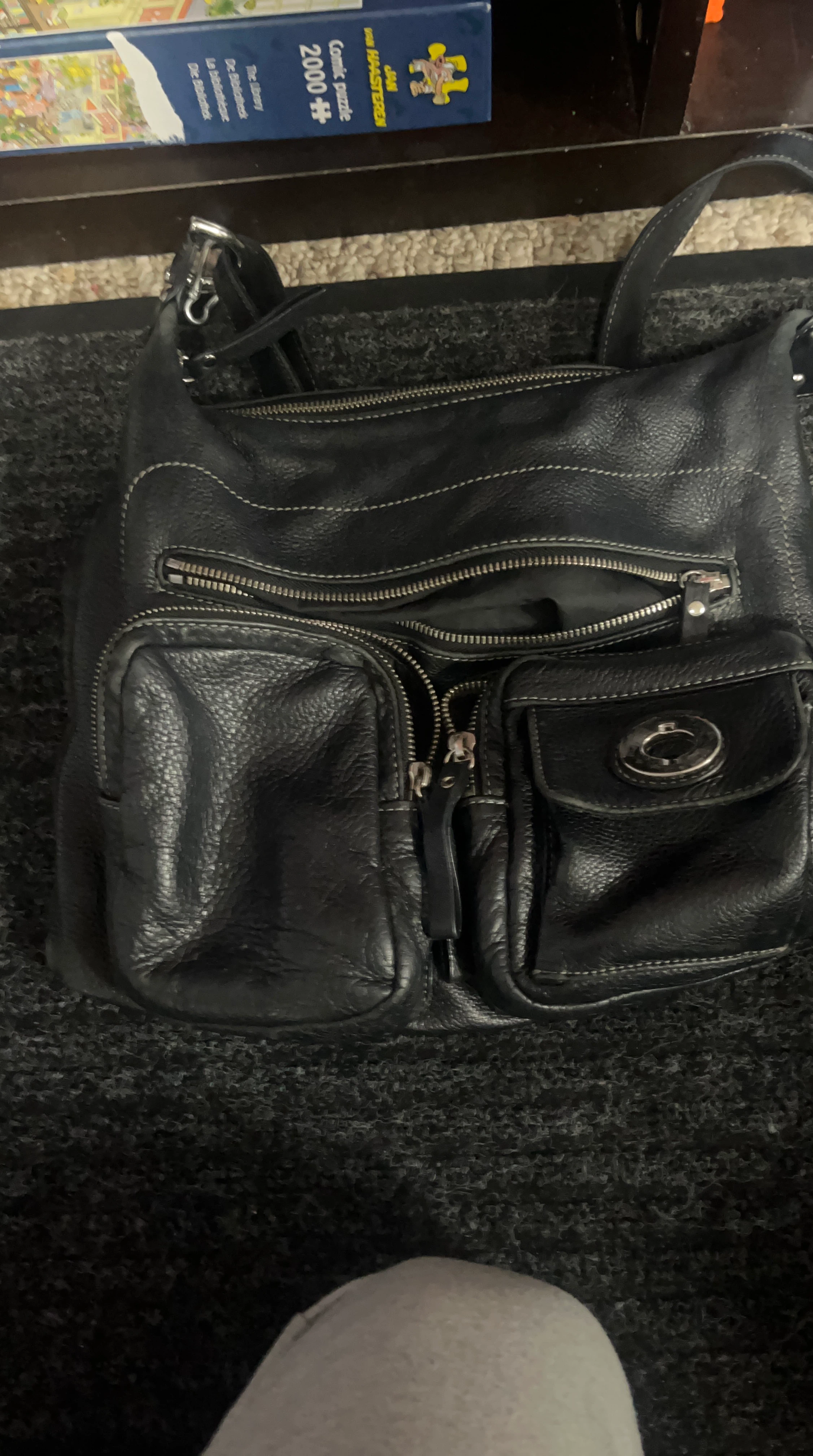 Black Leather Multi-Pocket Handbag