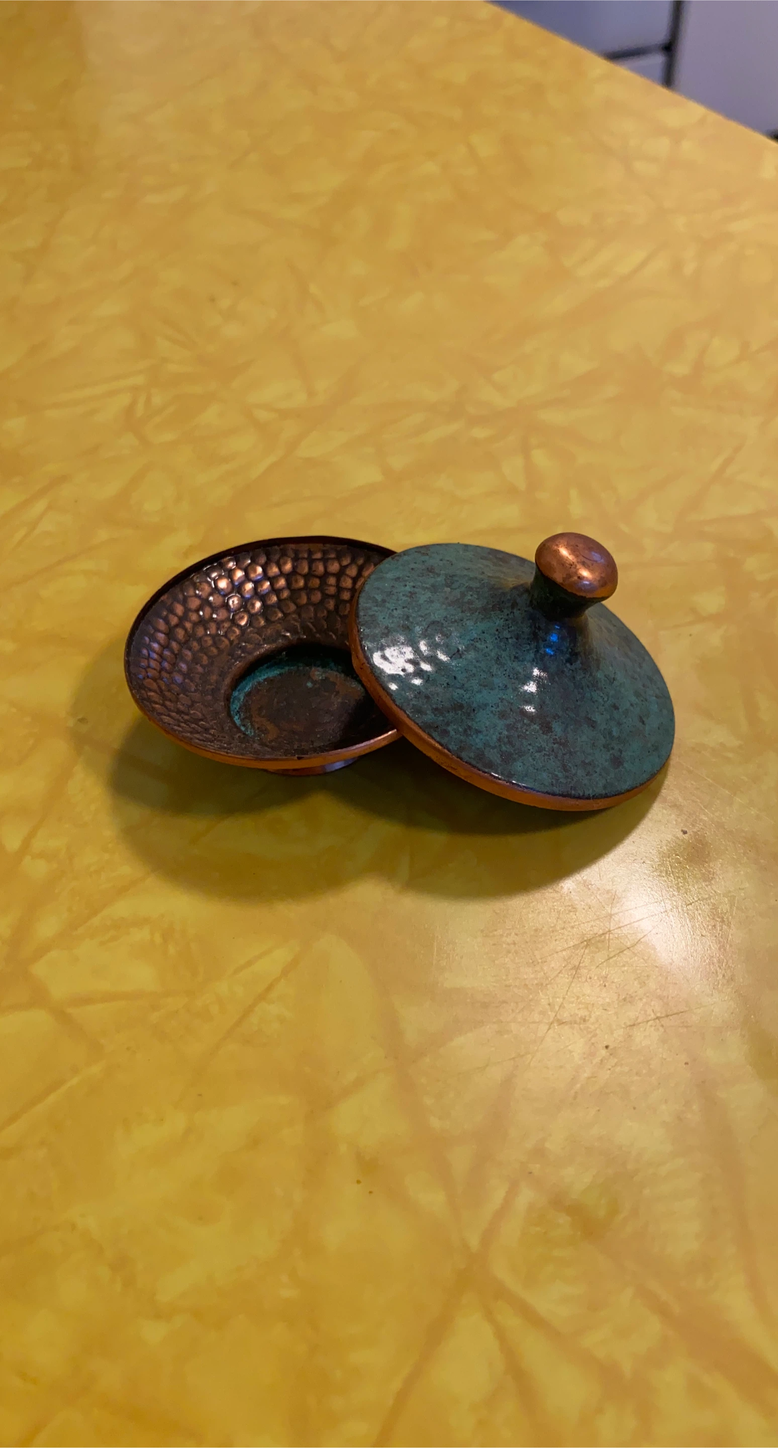 Small hammered copper trinket dish with lid