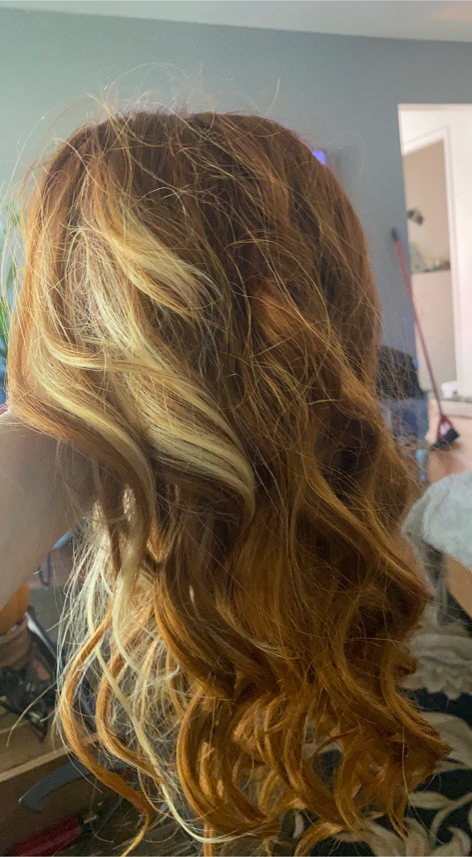 Long Wavy Hair Wig- Auburn with Blonde Highlights