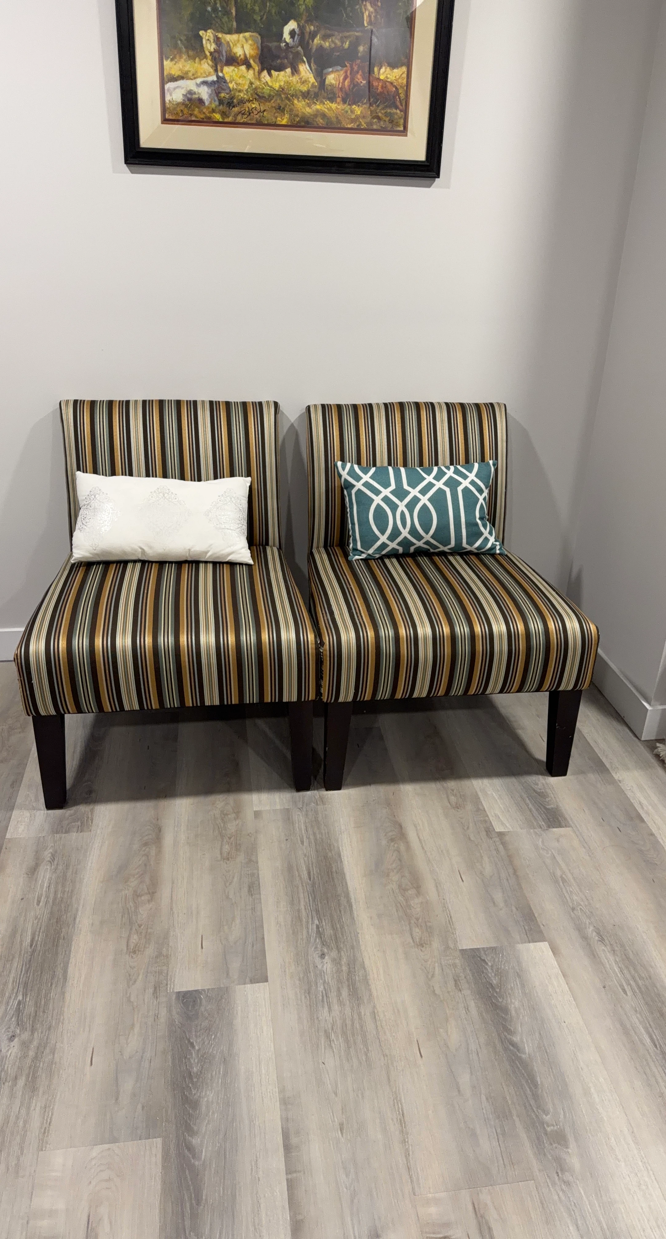 Two Striped Armless Accent Chairs