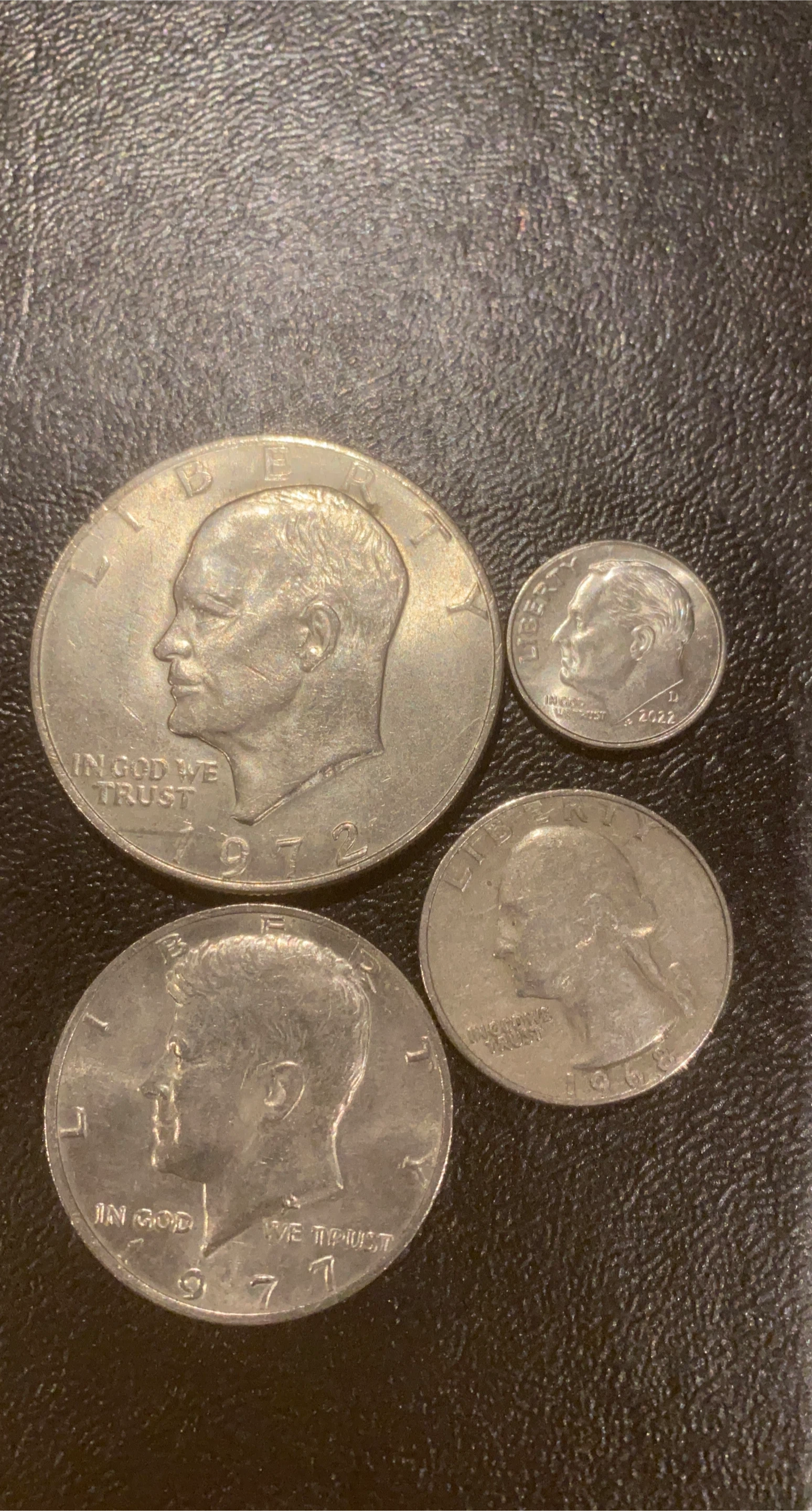 Assorted US Coins: Eisenhower Dollar, Half Dollar, Quarter, Dime