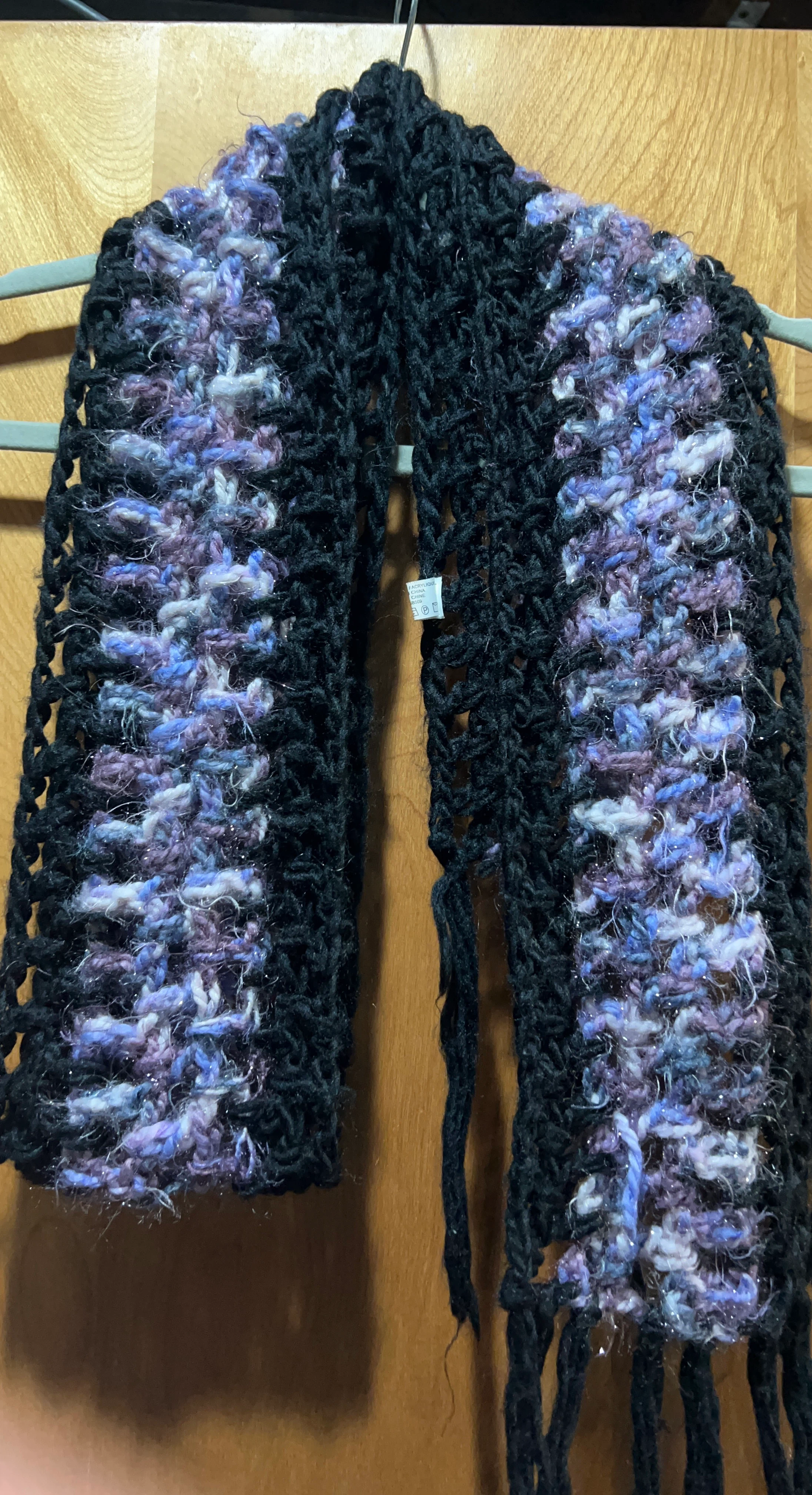 Hand-Knit Black and Purple Scarf