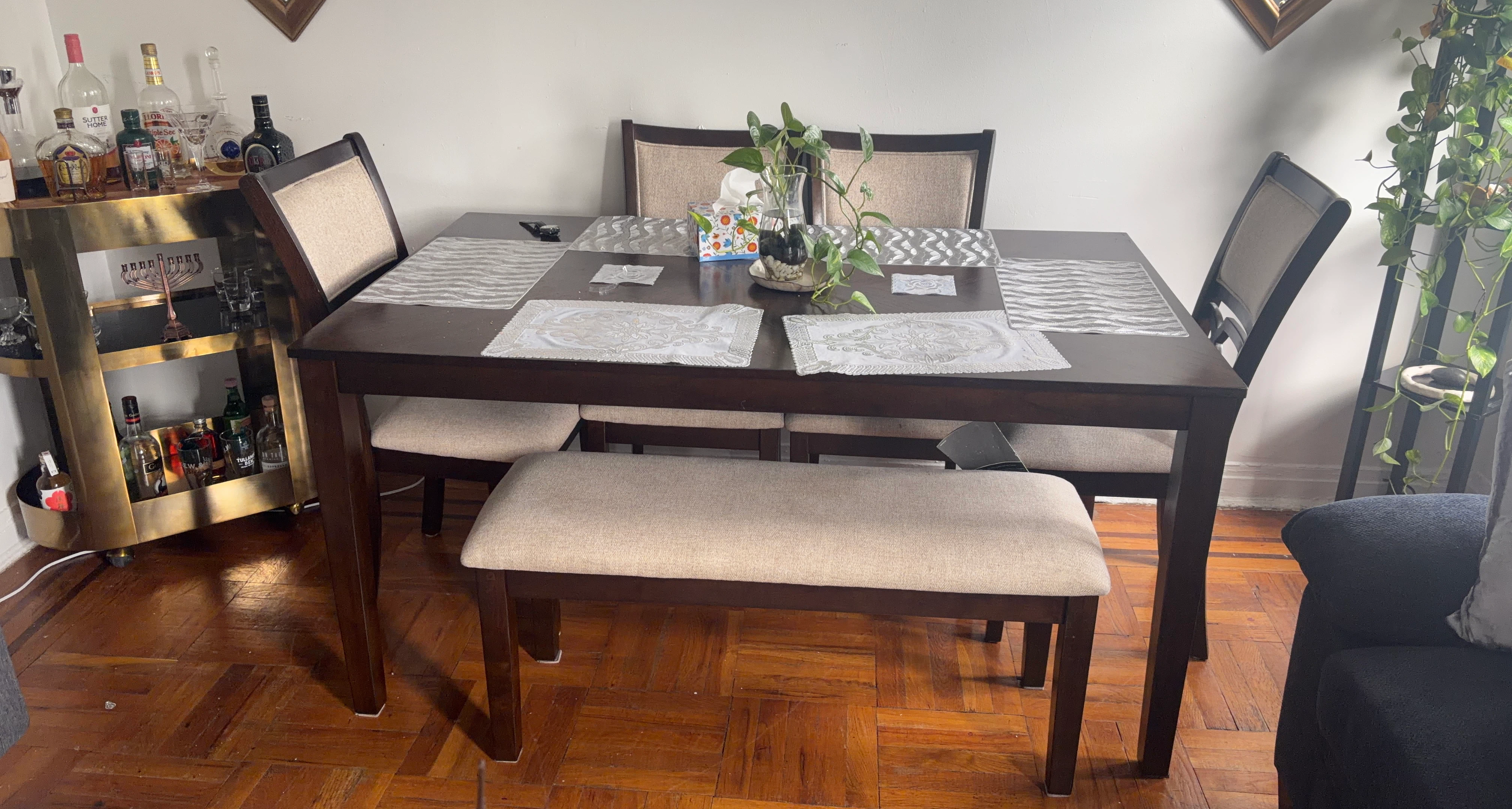 Dark Wood Dining Table Set with 3 Chairs and Bench