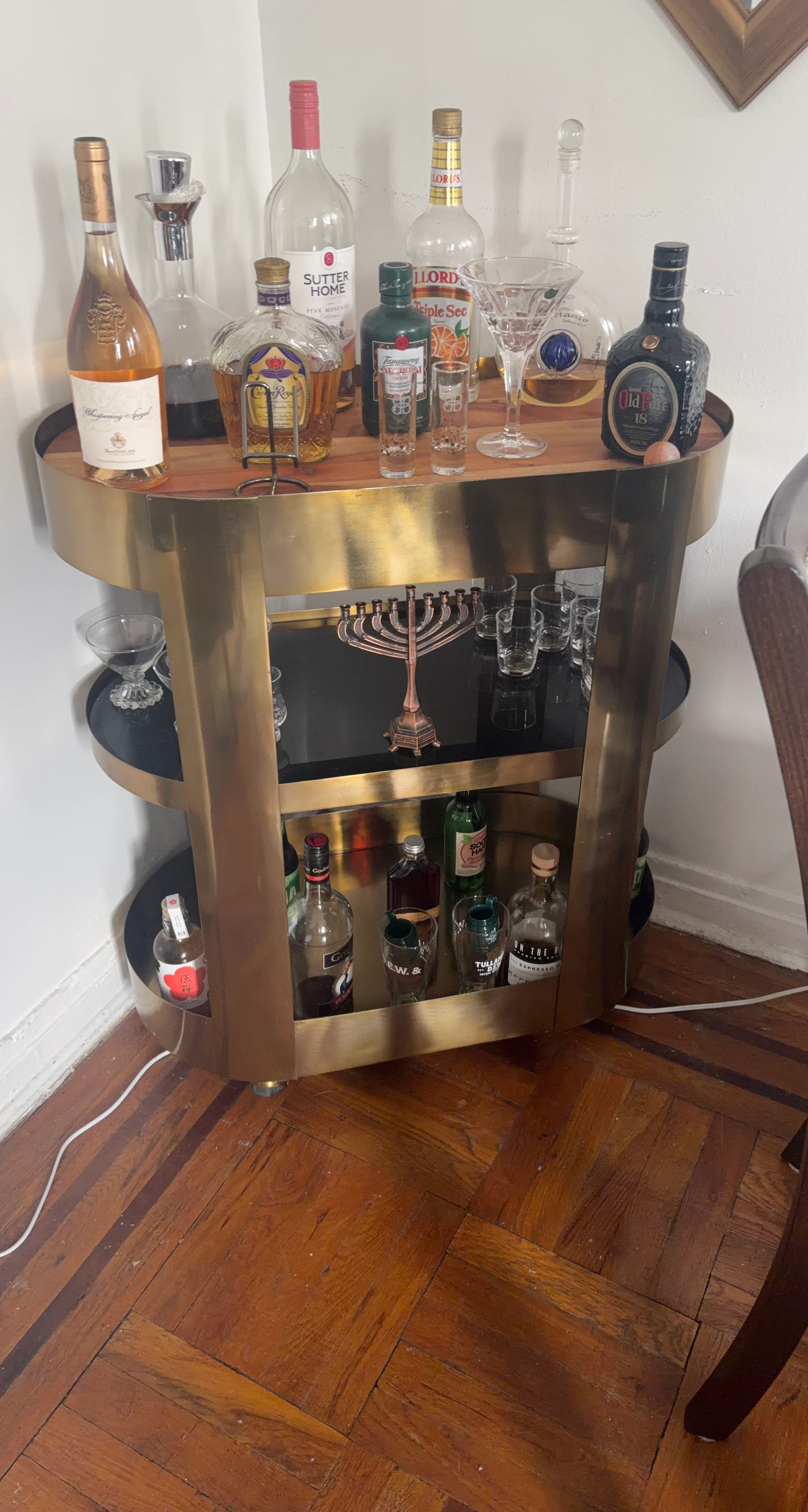 Three-Tier Gold Metal and Wood Bar Cart