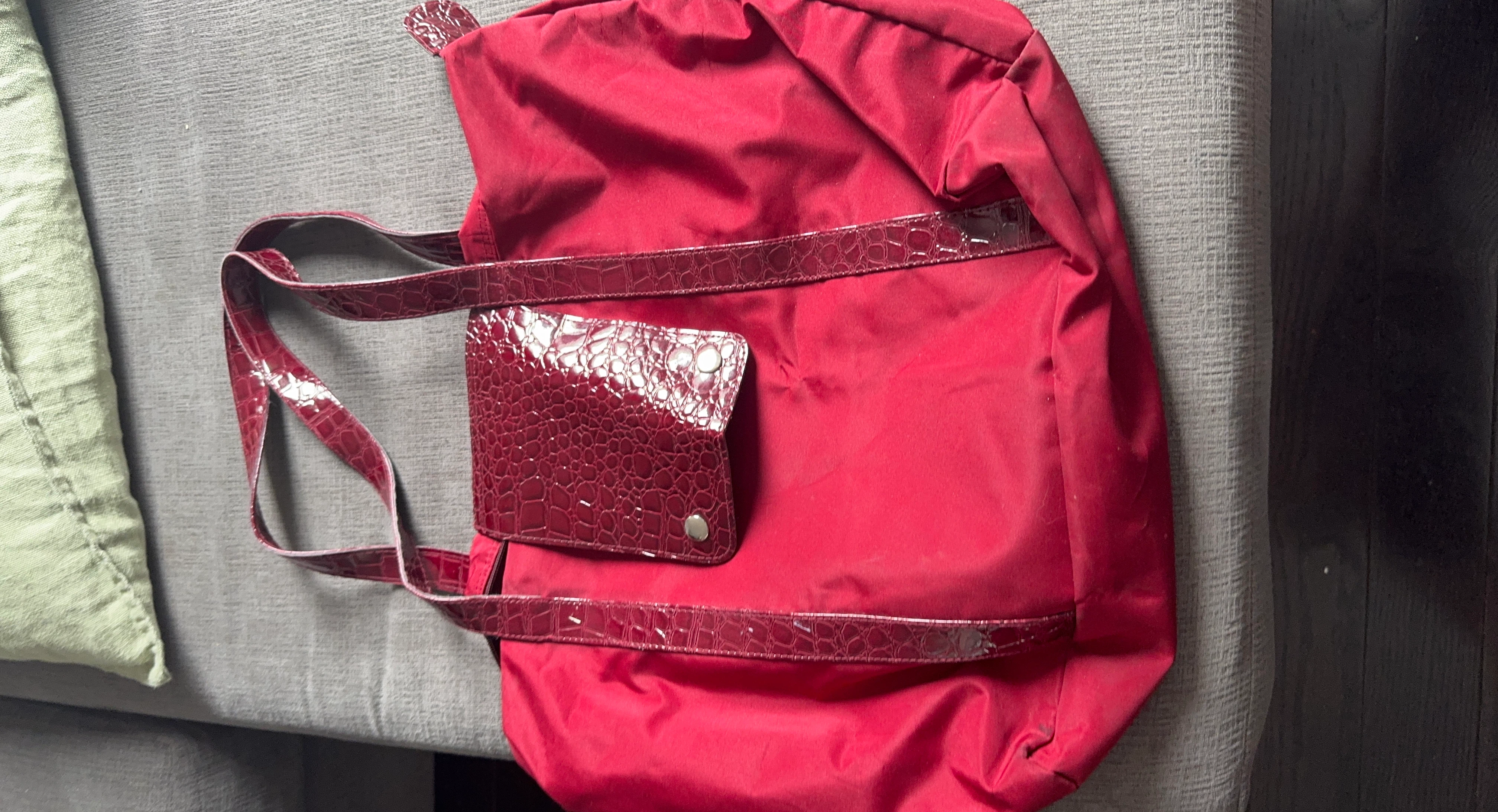 Red Nylon Tote Bag with Faux Croc Trim