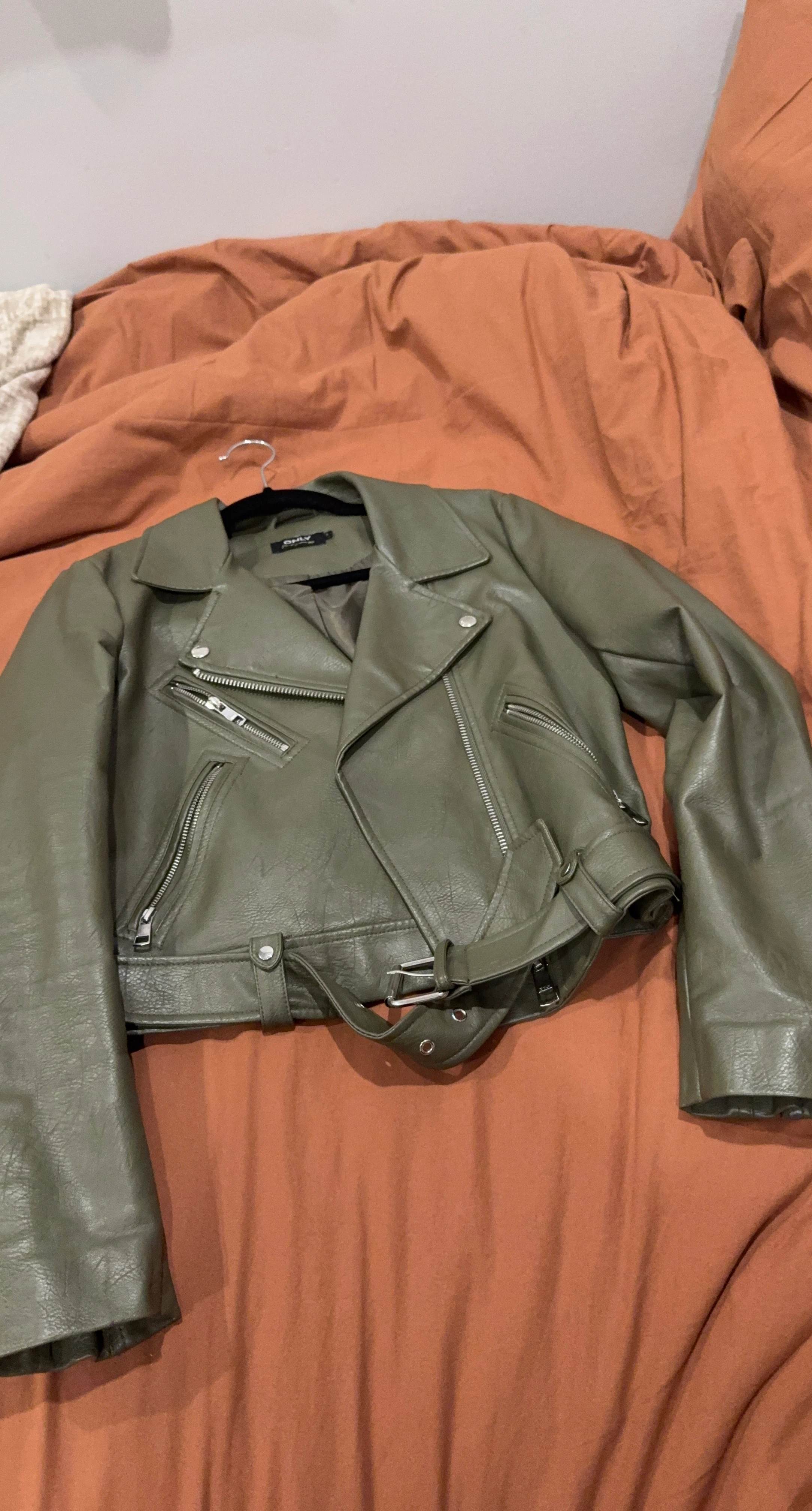 ONLY Faux Leather Biker Jacket - Olive