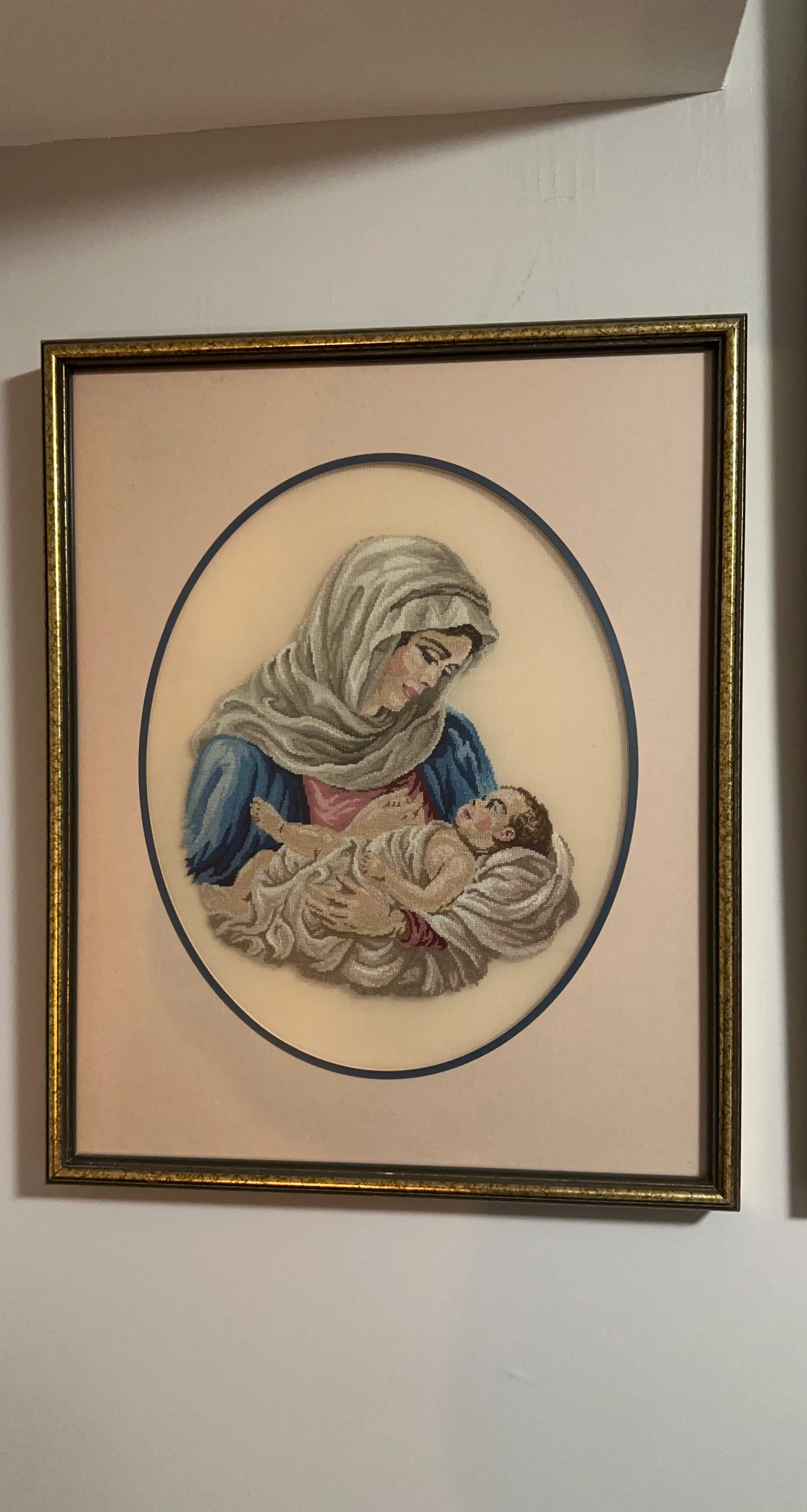 Framed Madonna and Child Needlepoint