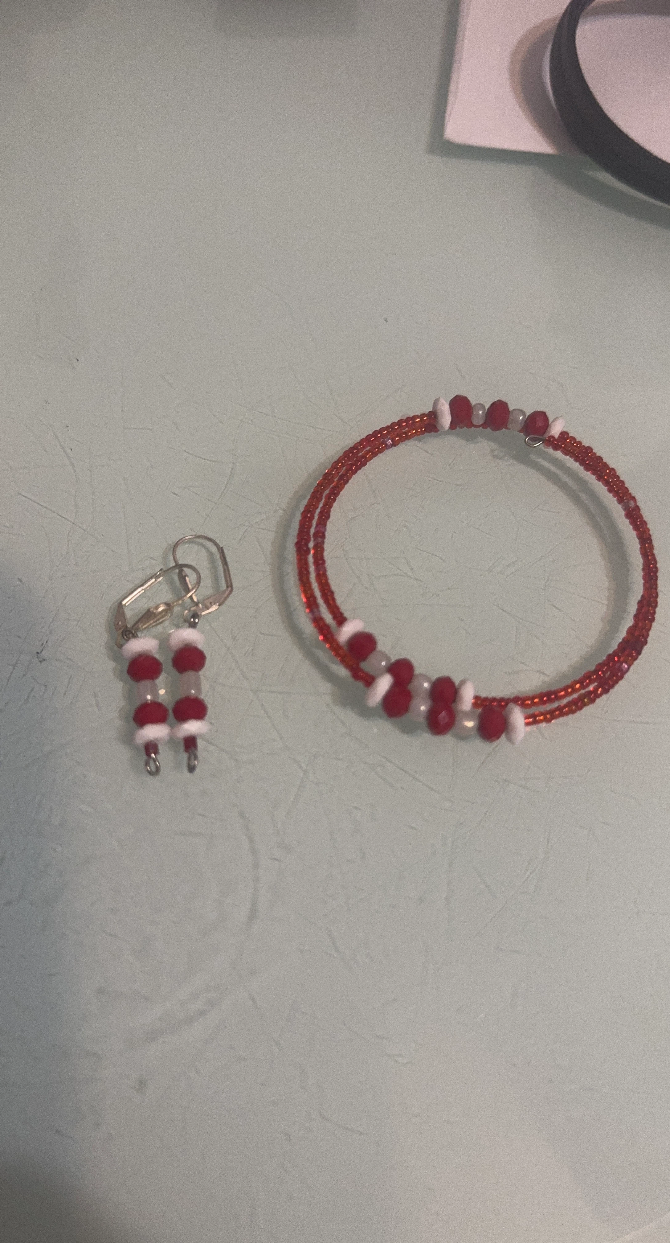 Red and White Beaded Bracelet and Earring Set