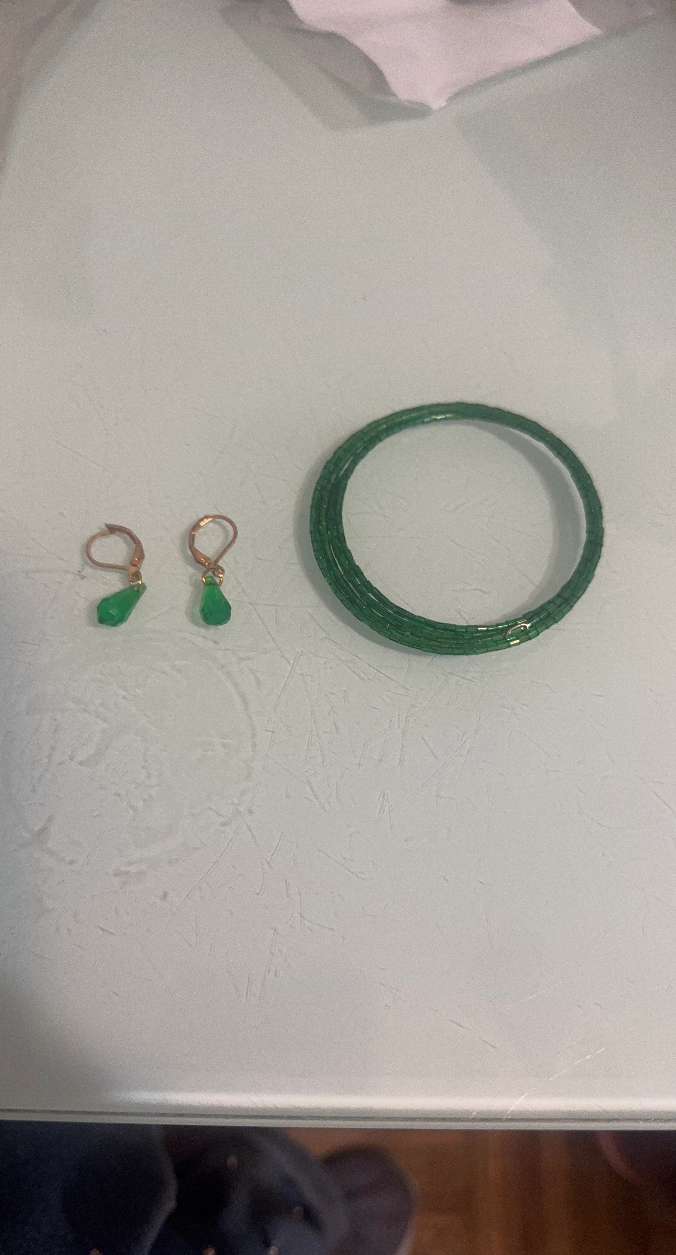 Green Crystal Drop Earrings and Beaded Bracelet