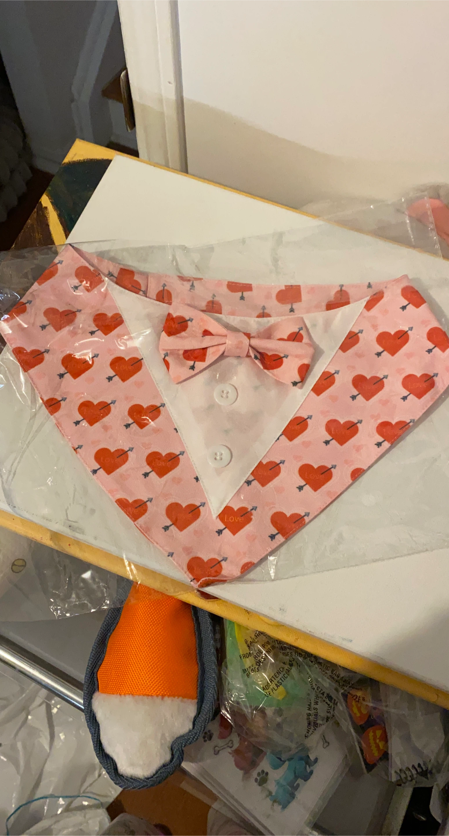 Pink Heart Print Pet Bandana with Bow Tie