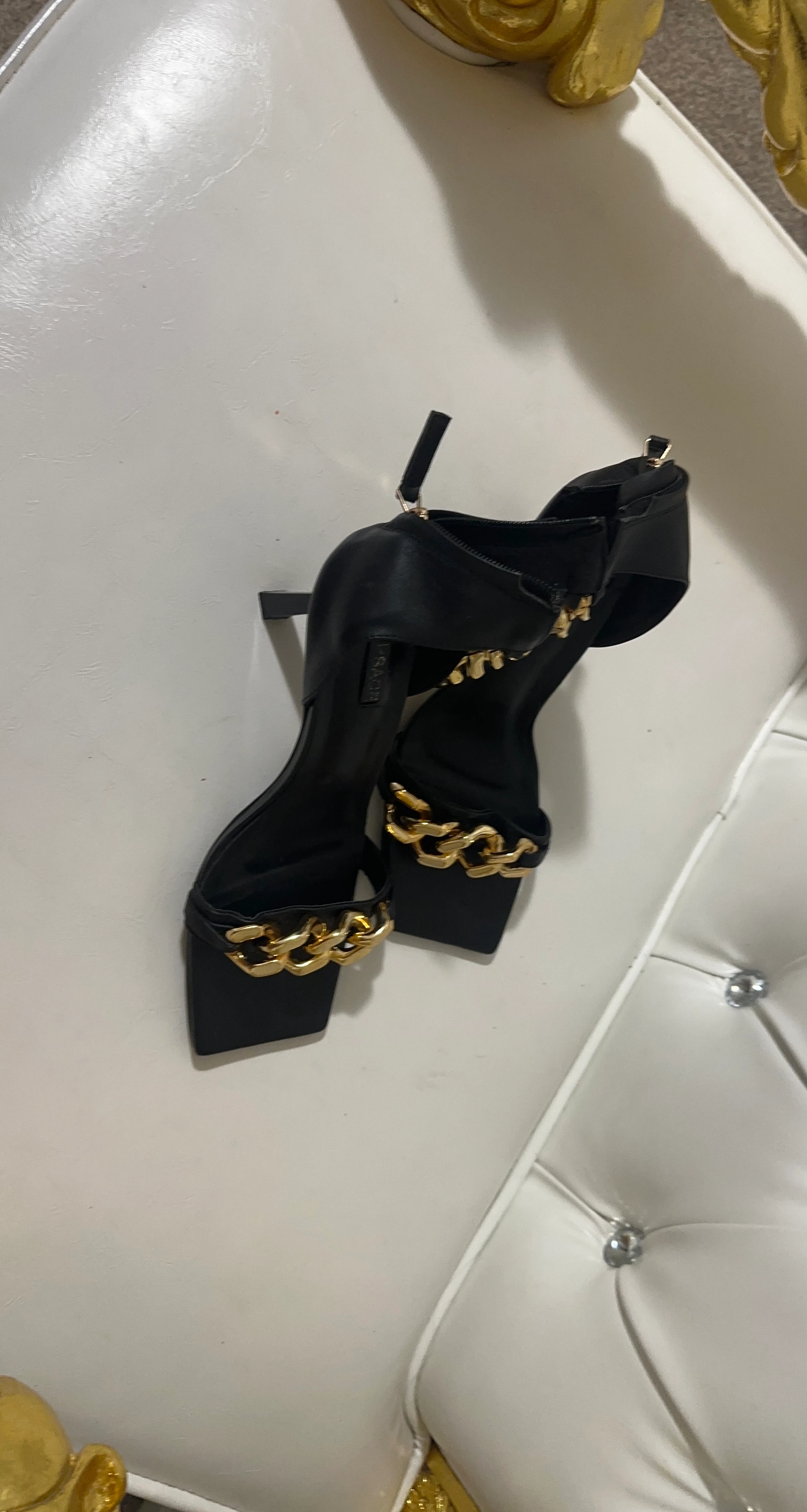 Black Heeled Sandals with Gold Chain Detail