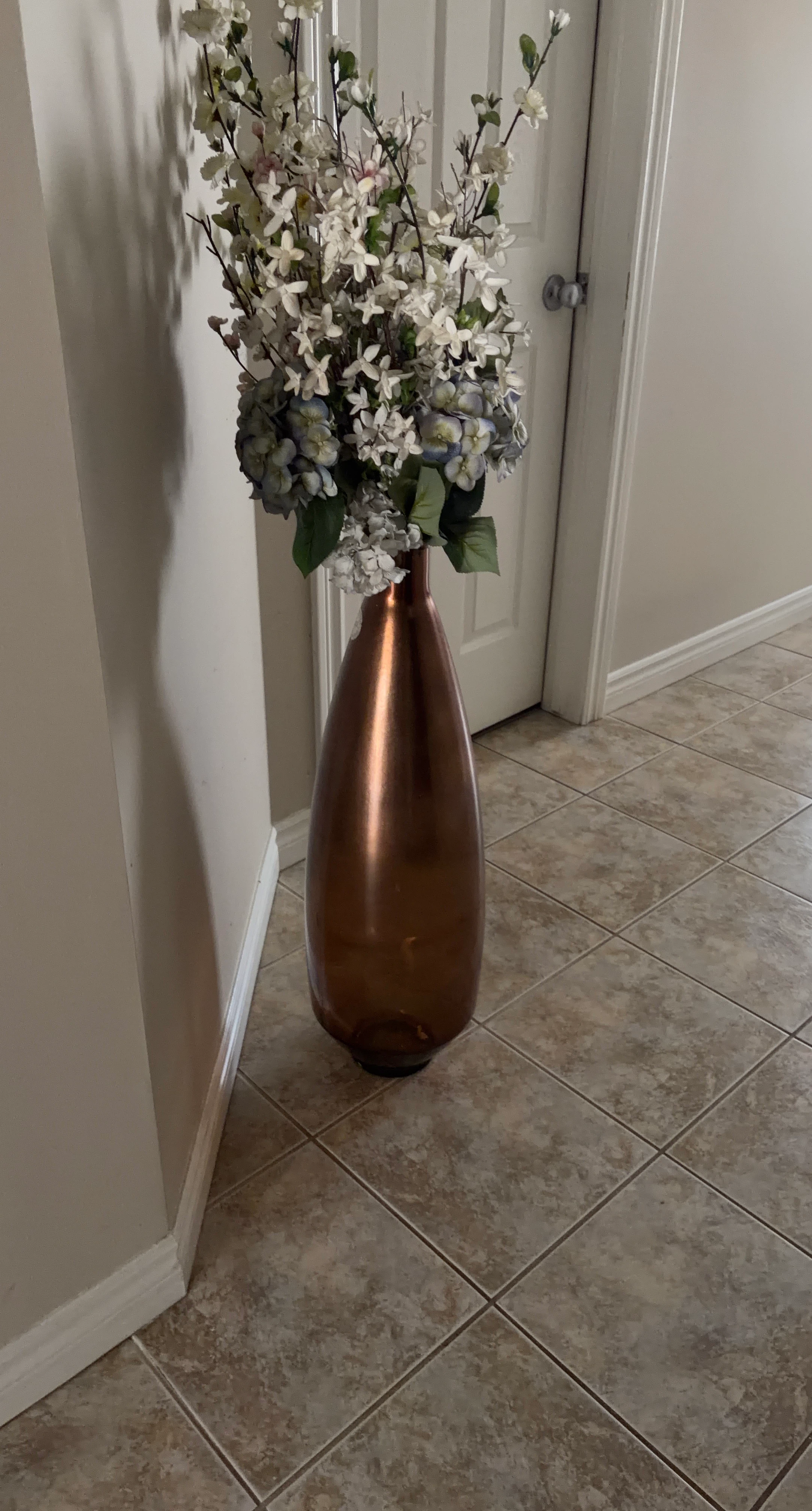 Copper Coloured Floor Vase with Artificial Flowers