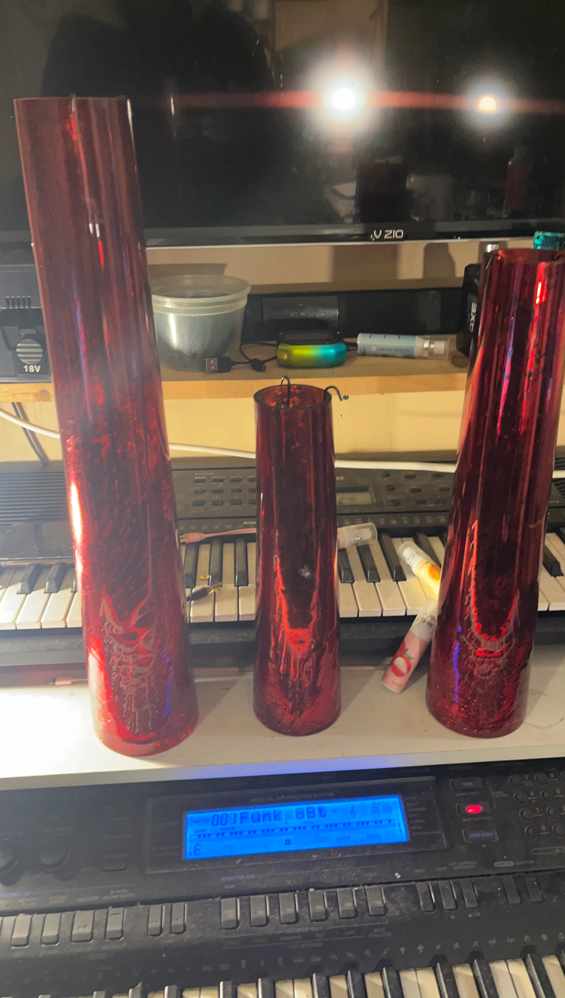 Set of 3 Red Glass Cylindrical Vases