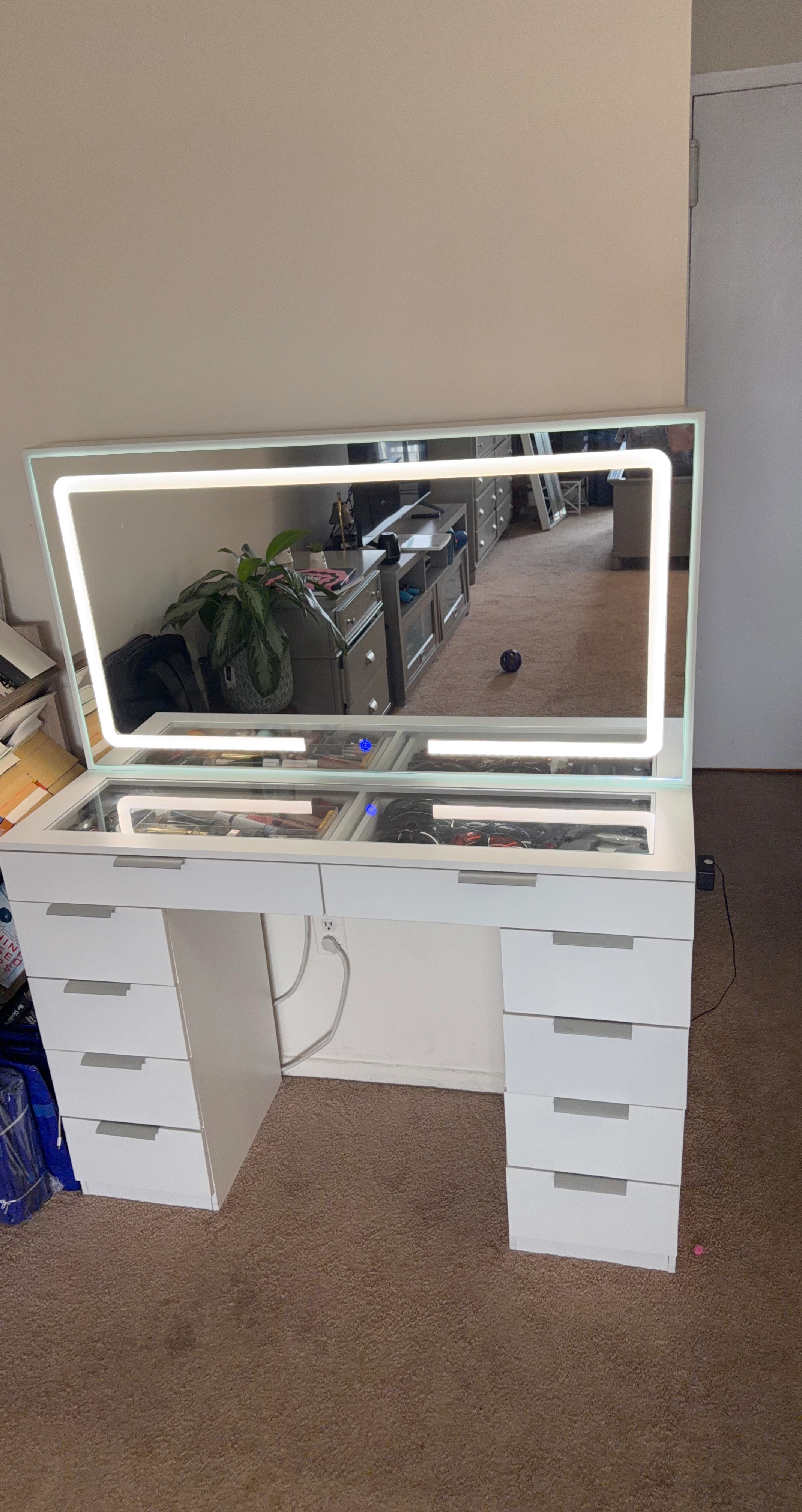 White Vanity Desk with LED Lighted Mirror