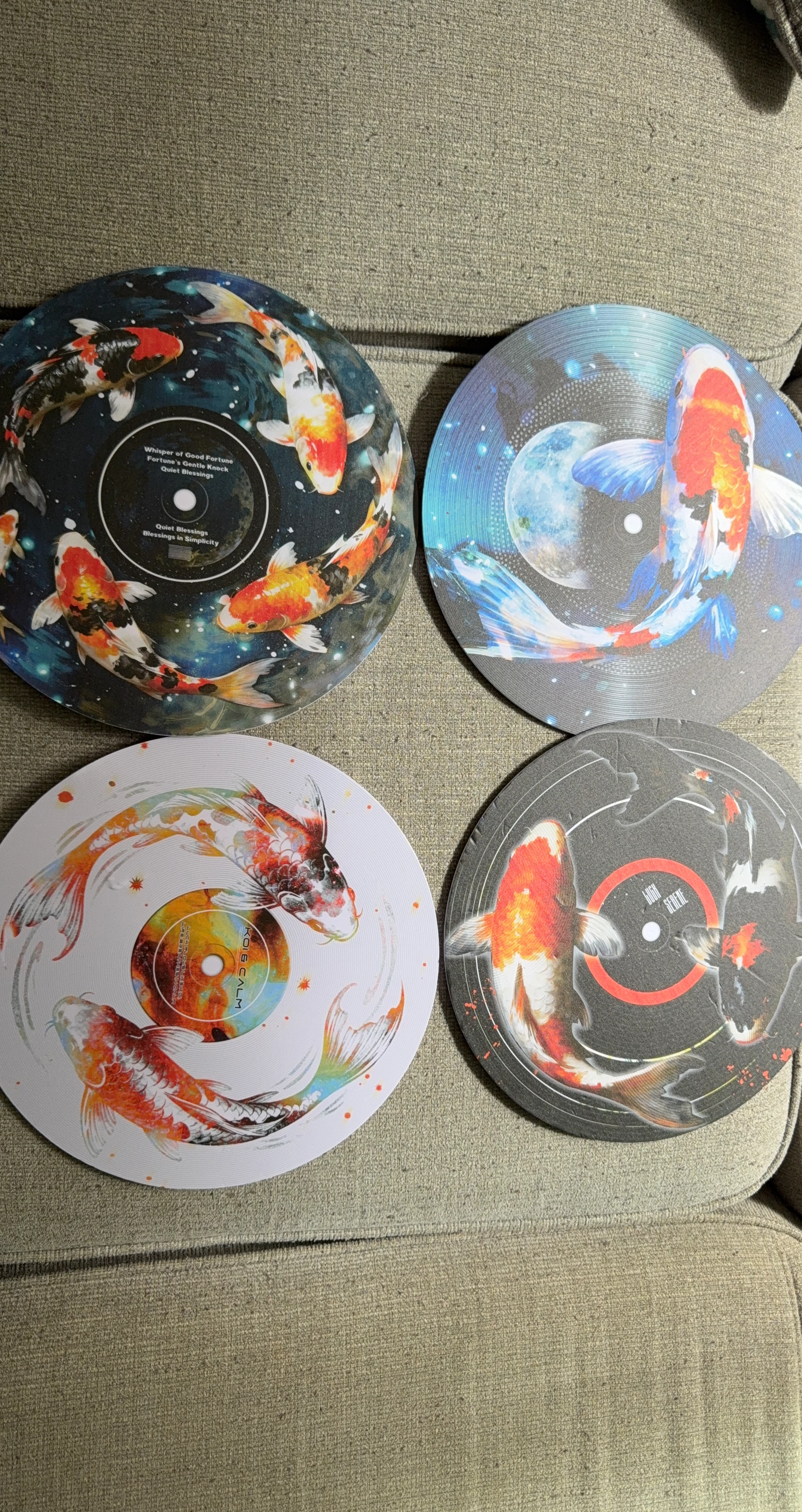 Set of 4 Decorative Koi Fish Vinyl Record Slipmats