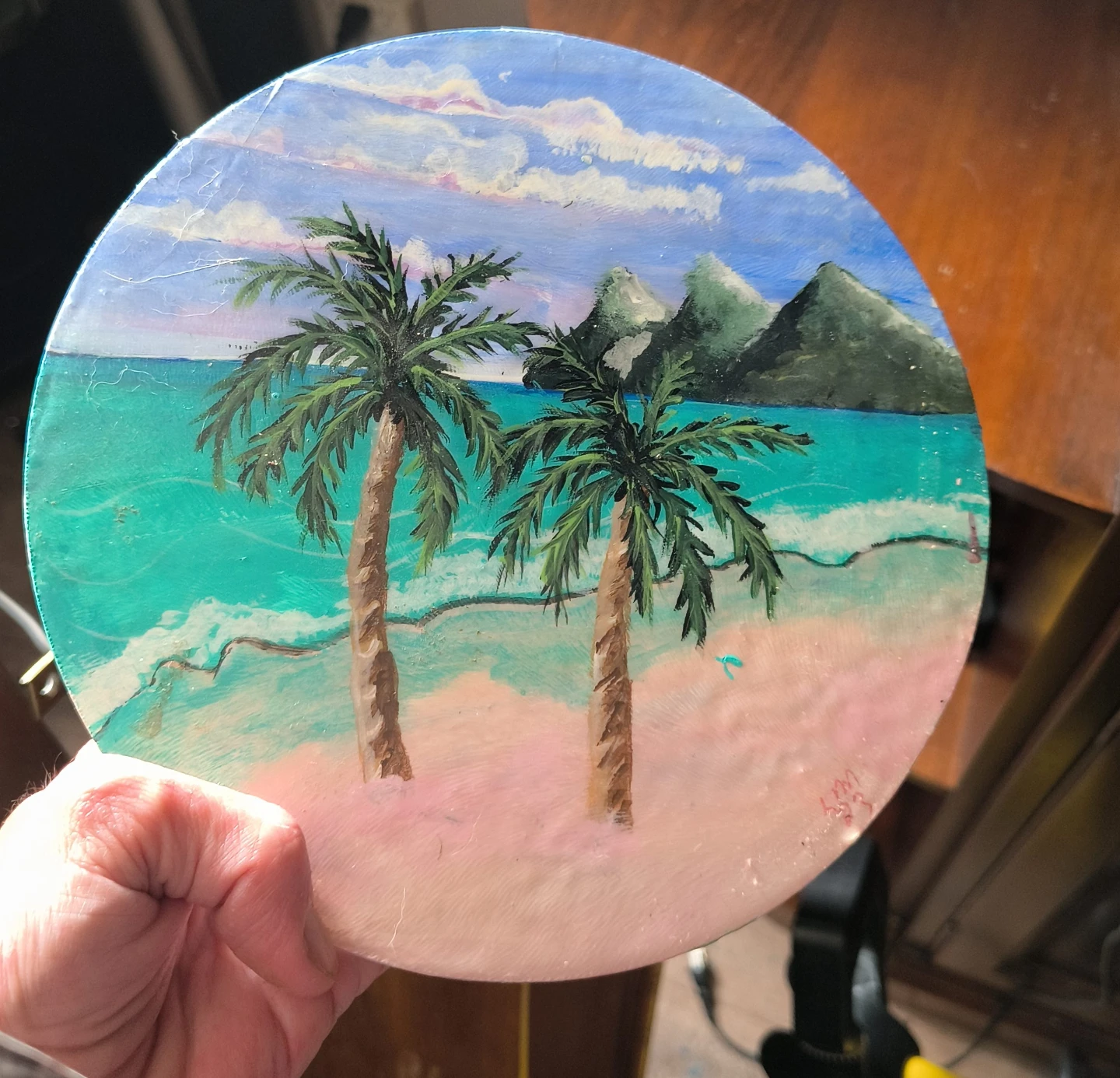 Hand-painted Tropical Beach Scene on Circular Board
