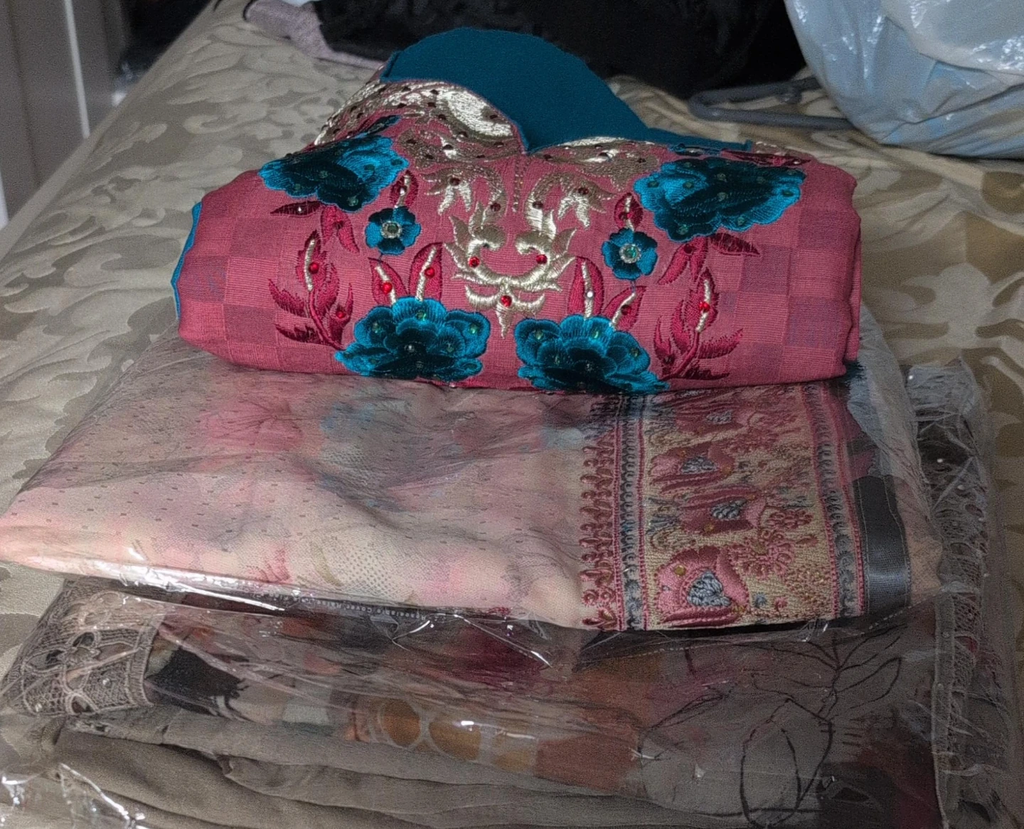 Embroidered Pink and Teal Salwar Kameez Set unstitched $19 each