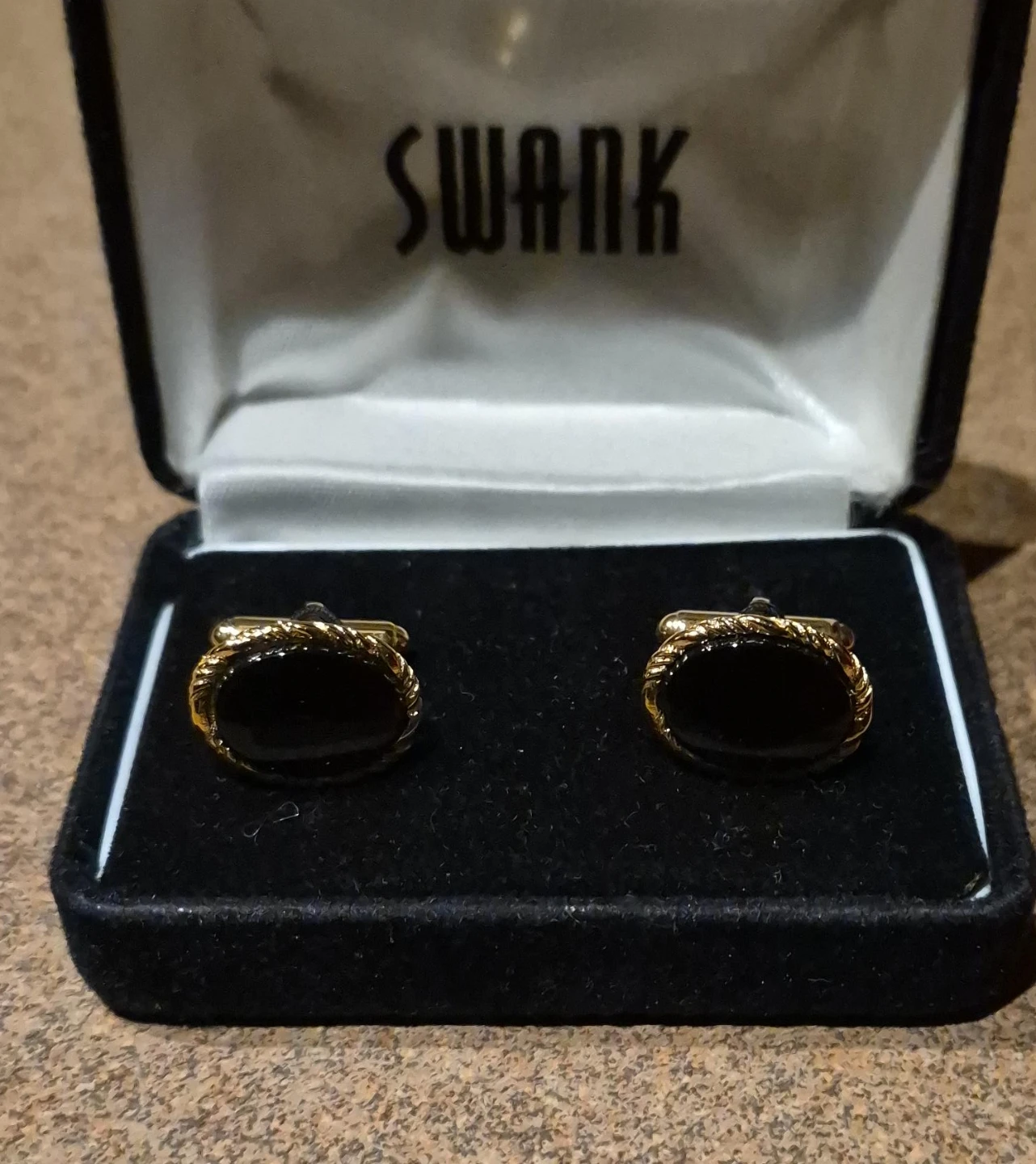 Swank Gold-Tone Cufflinks with Black Oval Inserts