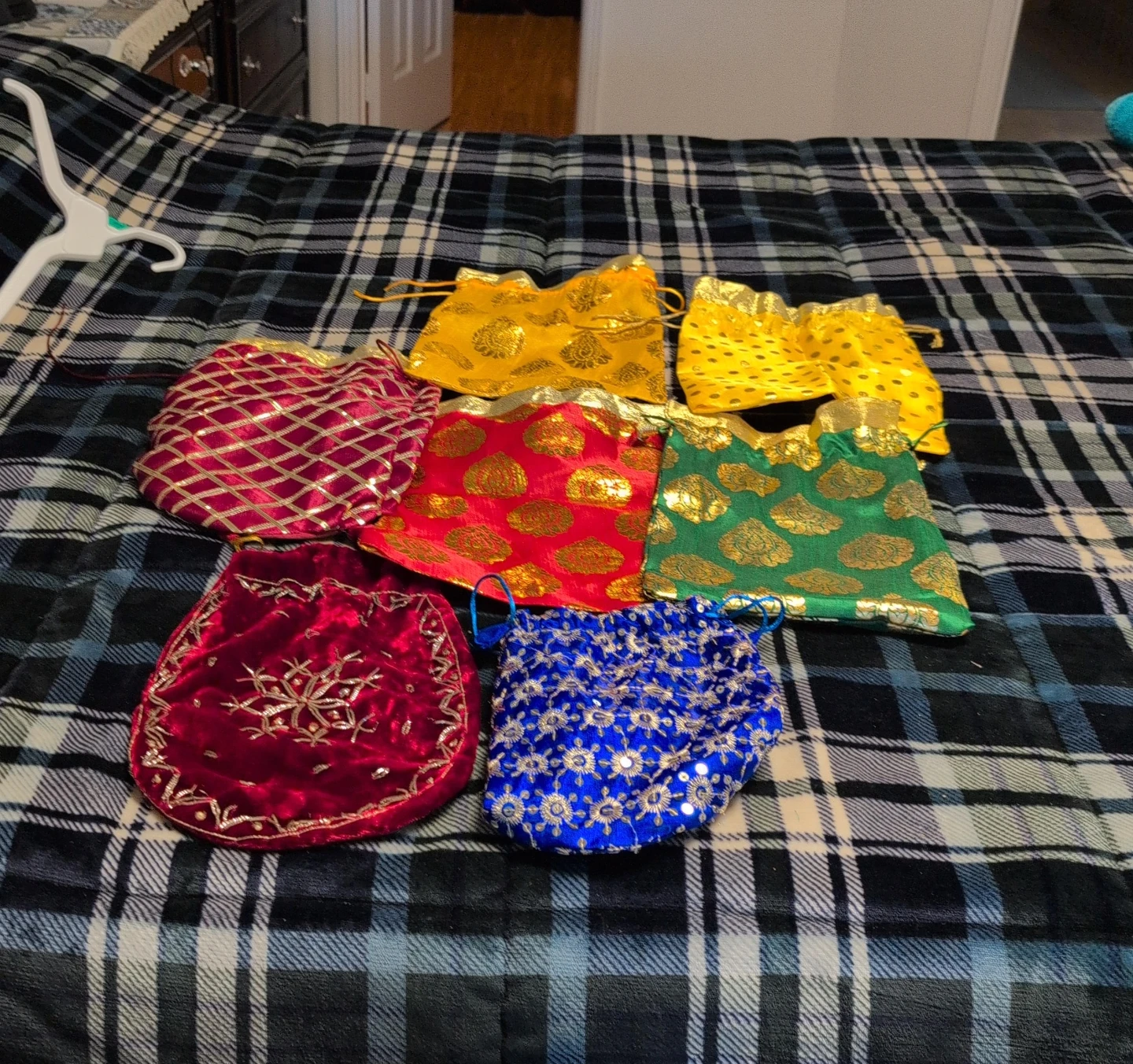 Set of 7 Assorted Decorative Drawstring Pouches