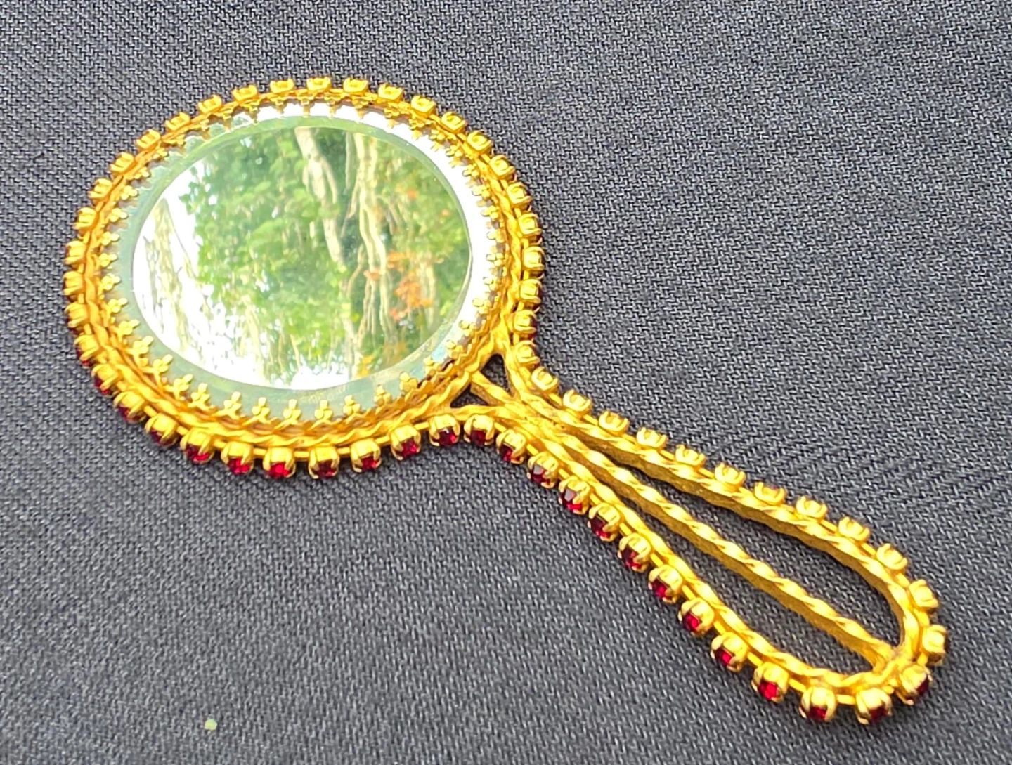 Vintage Gold Tone Hand Mirror with Red Rhinestones