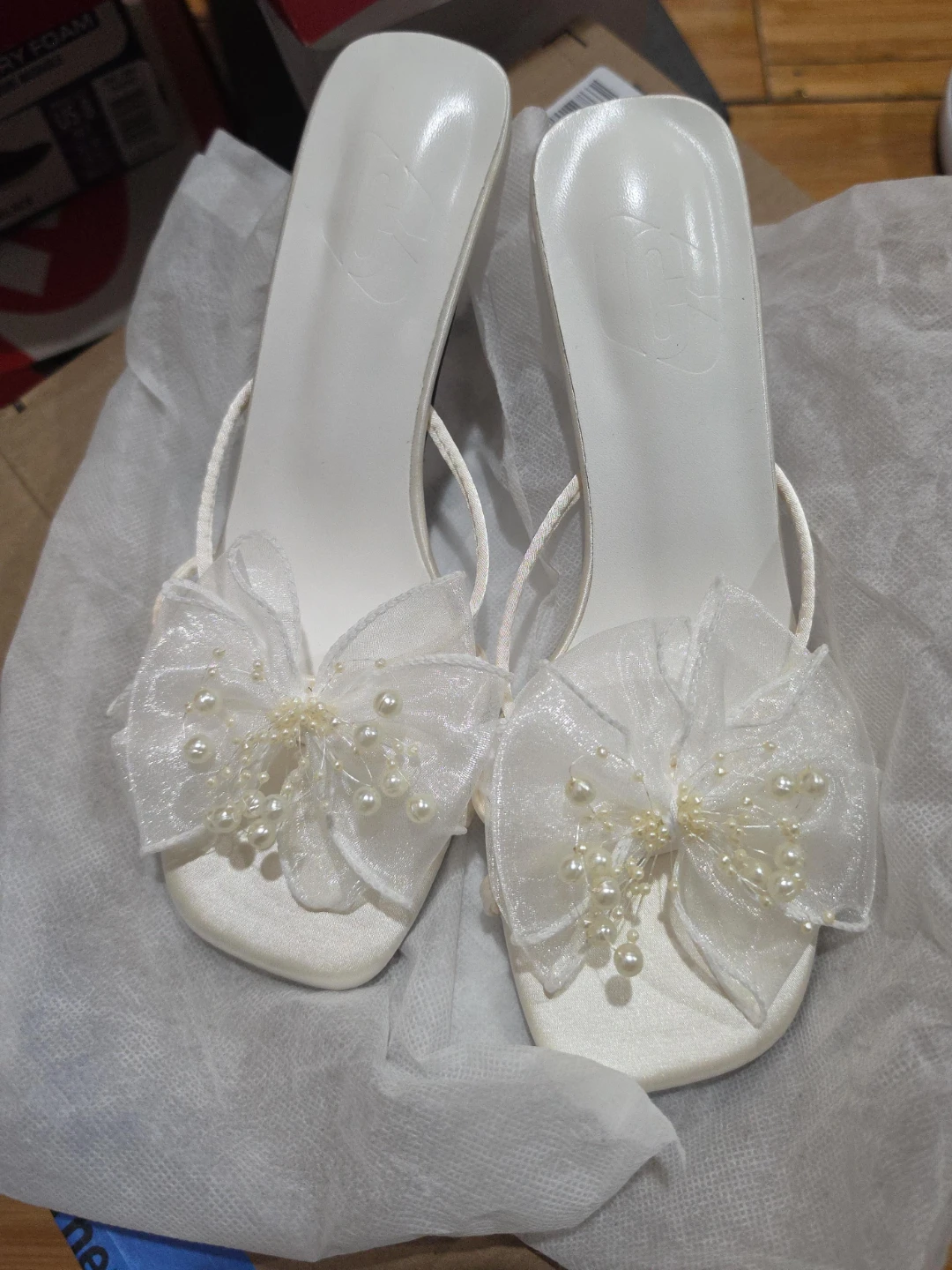White Satin Pearl Embellished Kitten Heels
