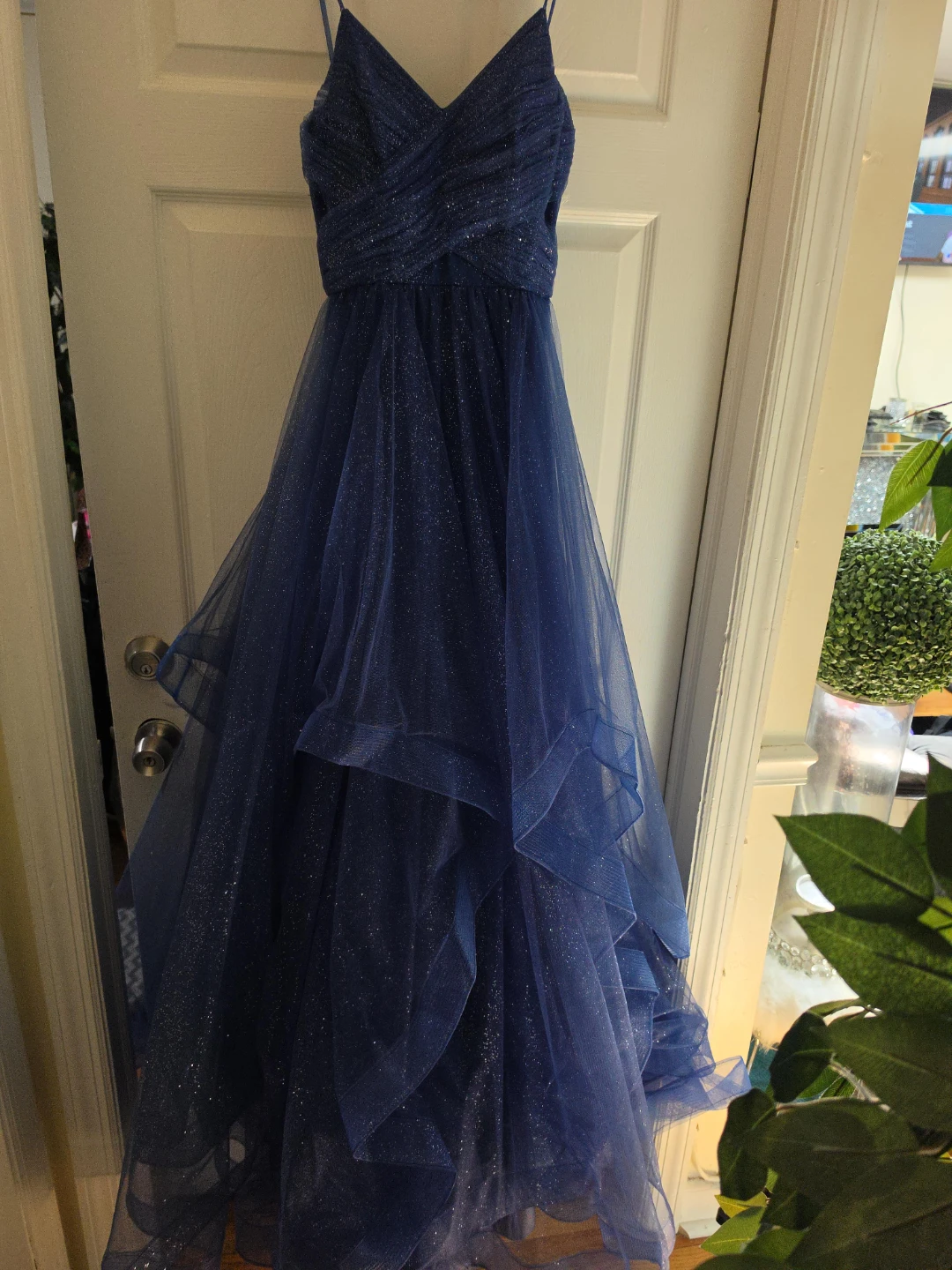 Navy Blue Glitter Tulle Evening Gown
