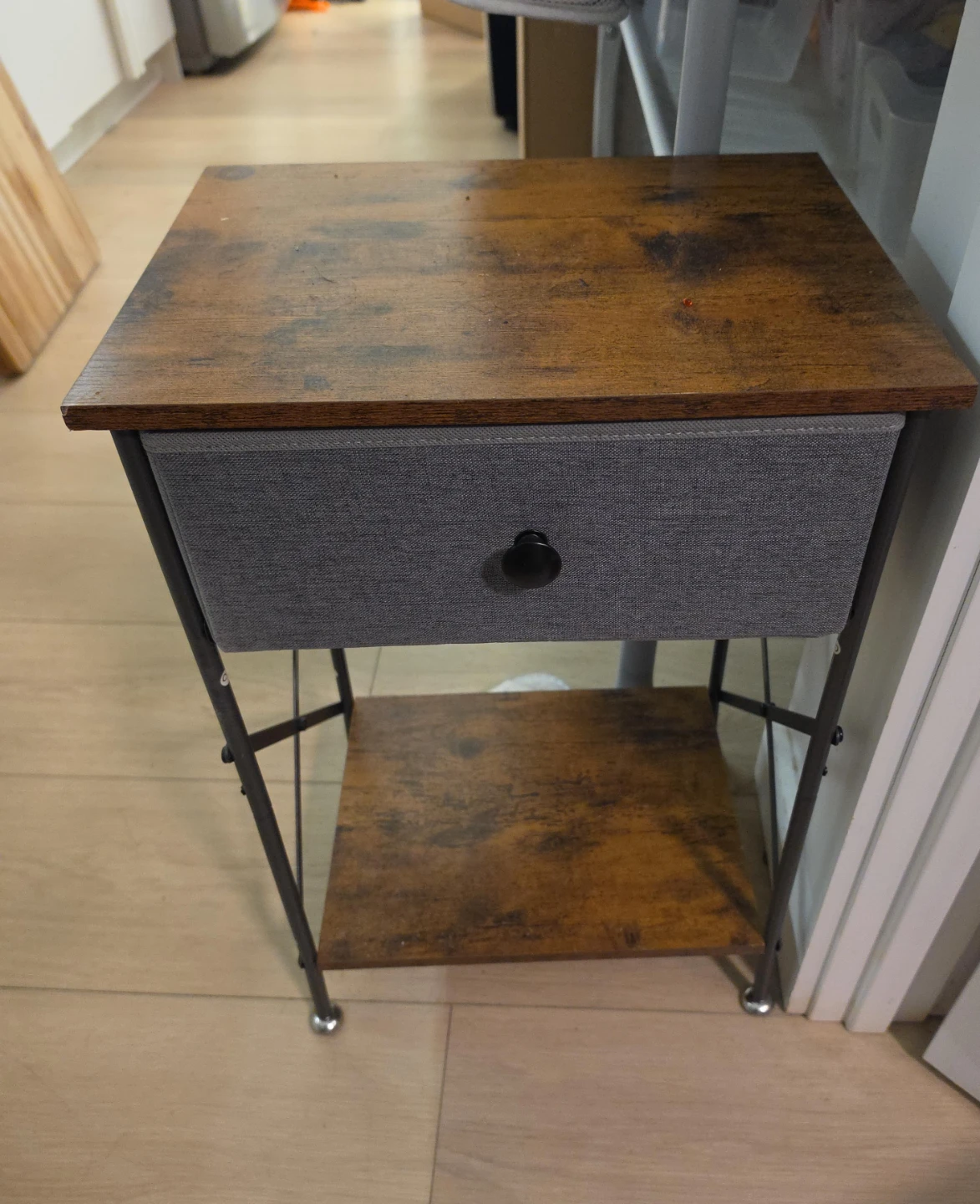 Rustic Bedside Table with Grey Fabric Drawer