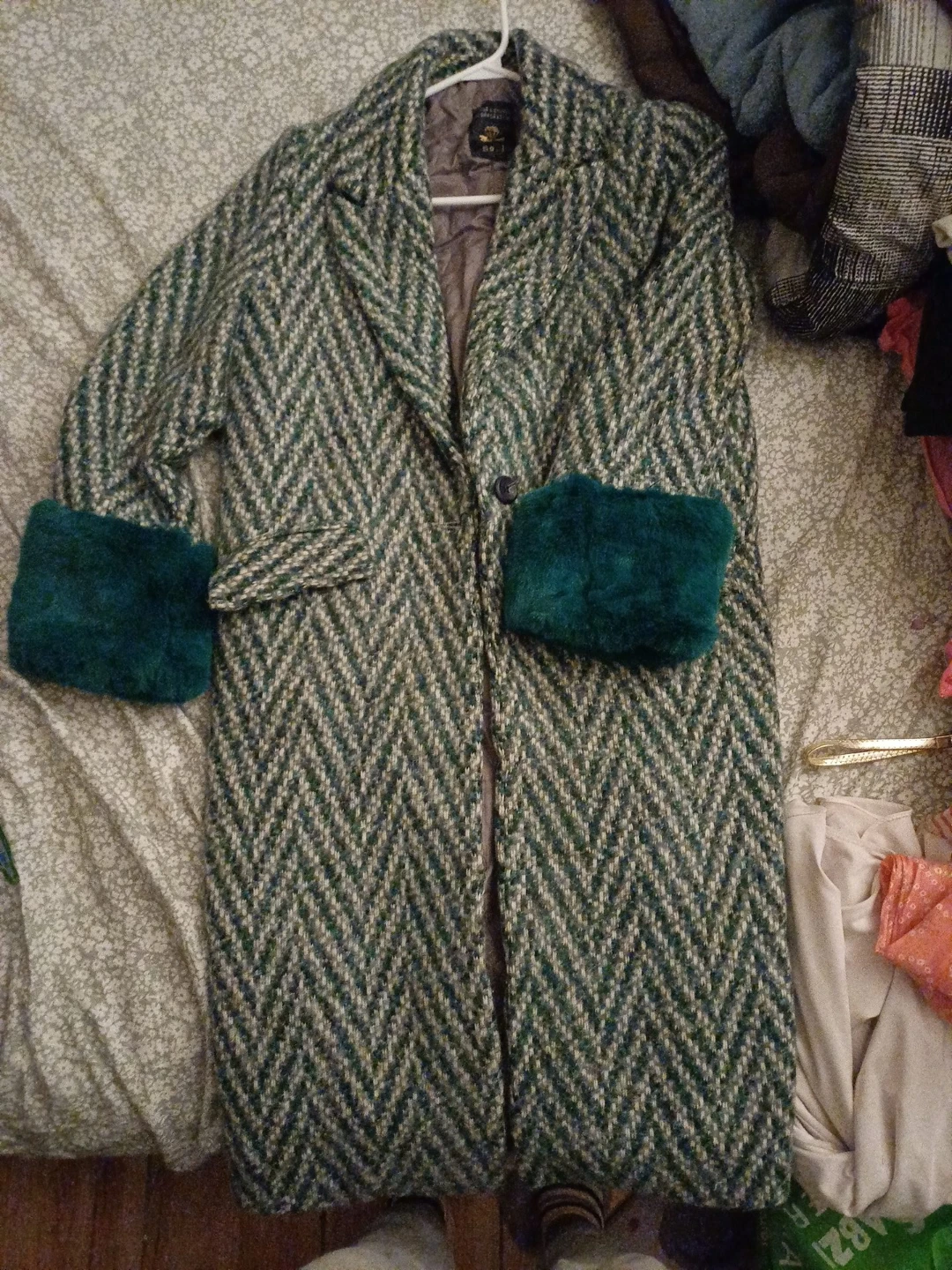 Vintage Herringbone Wool Coat with Faux Fur Cuffs