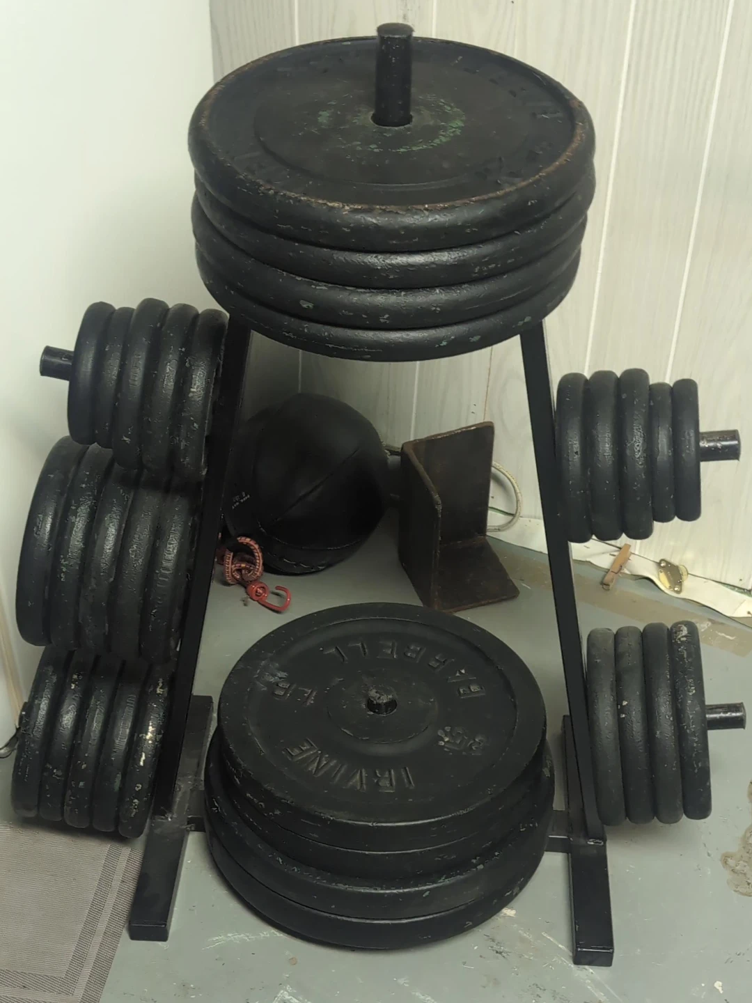 York Barbell Weight Plate Set with Stand and  2 Irvine plates