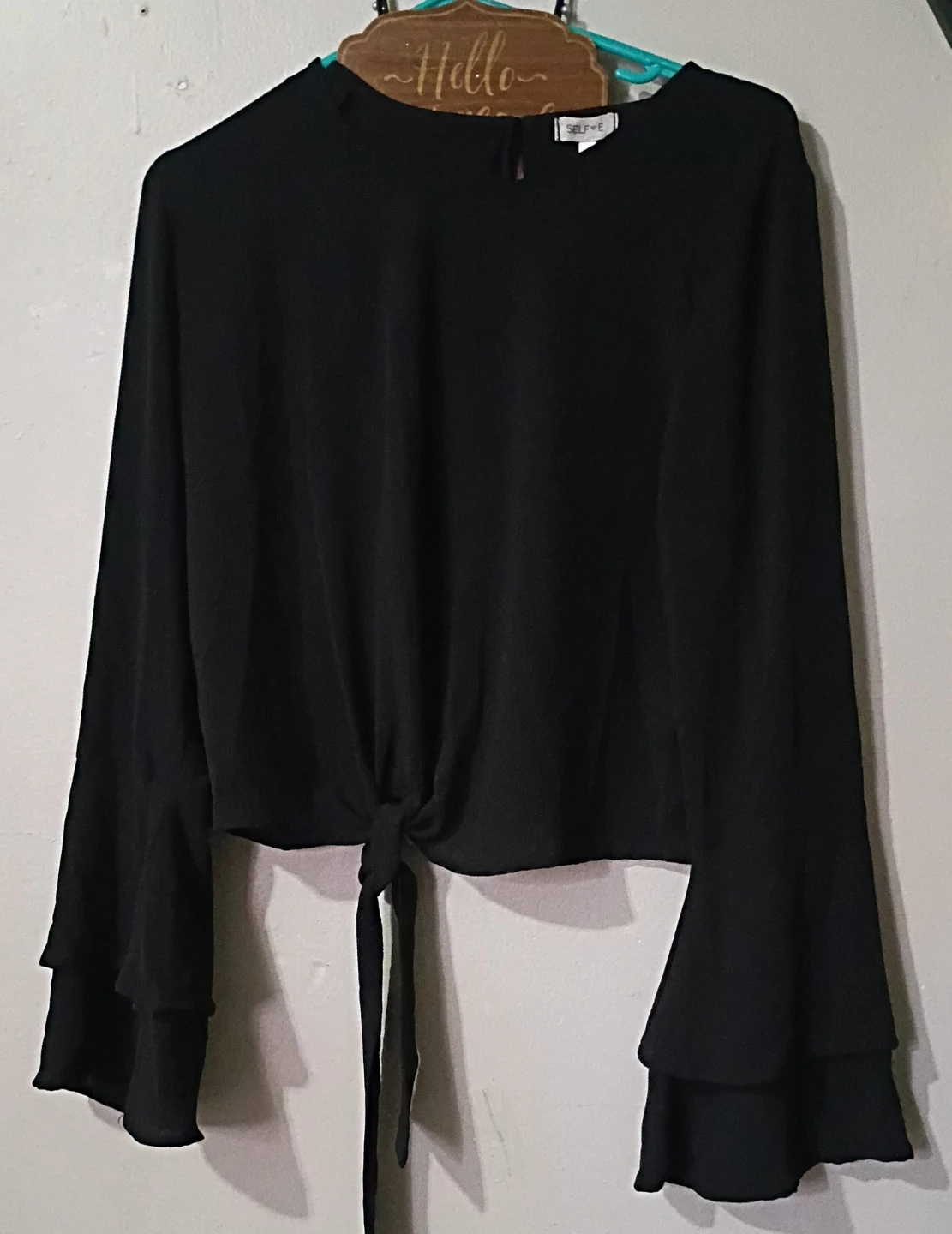 Selfie Black Long Sleeve Tie Front Top